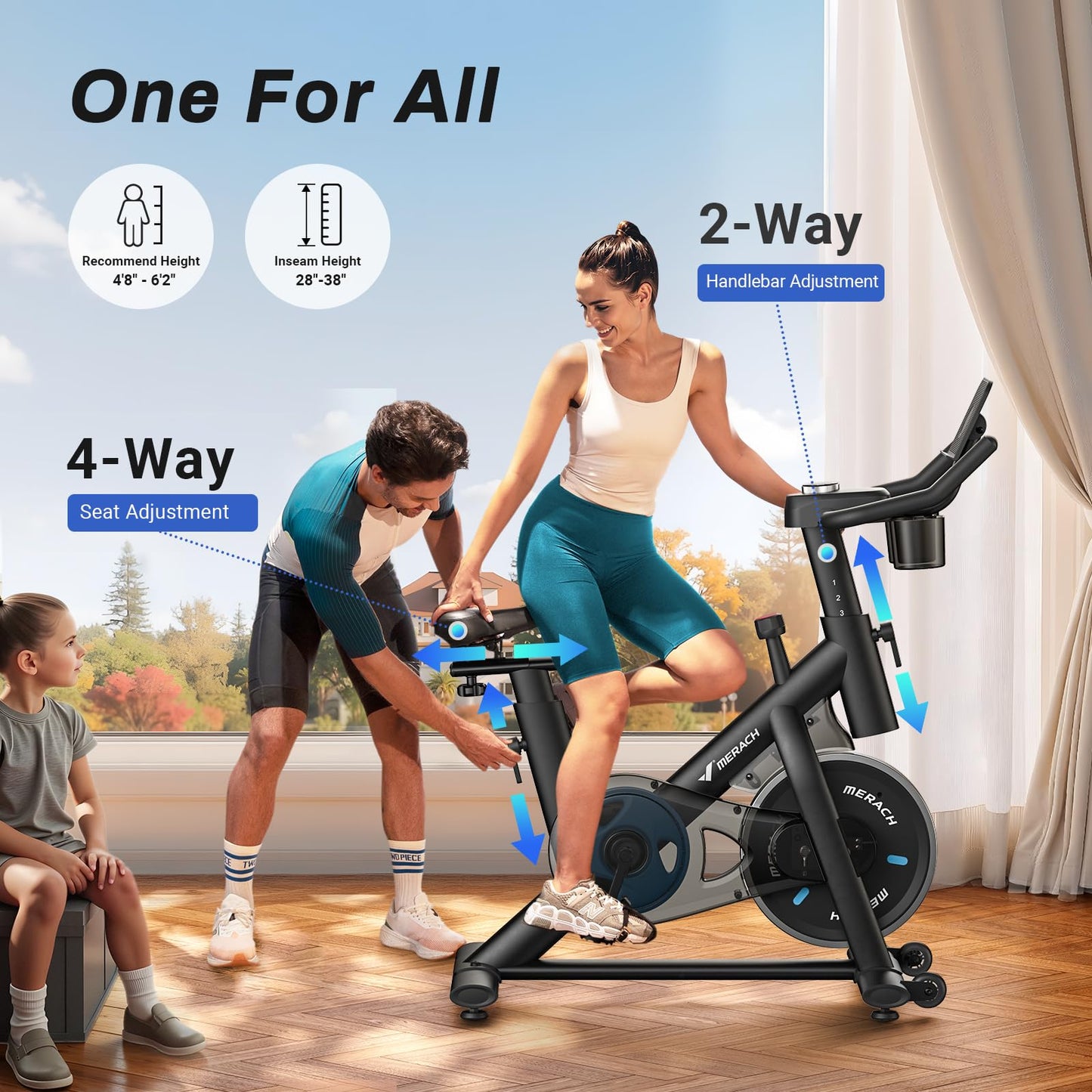 Merach Exercise Bike, Magnetic Friction Stationary Bike with Brake Pad and Exclusive App, Low Noise Indoor Cycling Bike with 300lbs Weight Capacity, Tablet Mount and Fitness Courses for Weight Loss