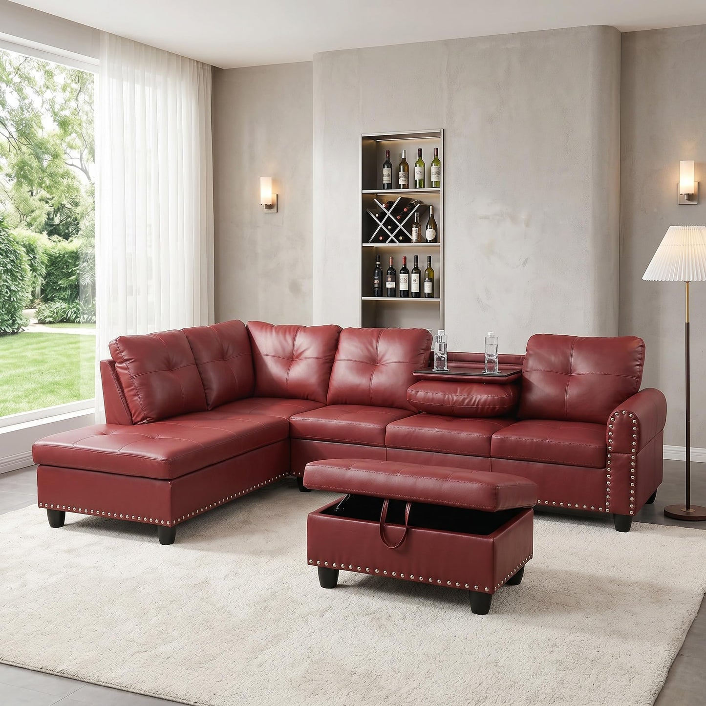 Topcomfy Leather L Shaped Sectional Couches for Living Room - 97.5“ x 69.5" Modular Sectional Sofa with Storage Ottoman, 4 Seat Home Sofa Living Room Furniture Sets with Chaise for Apartment, Red