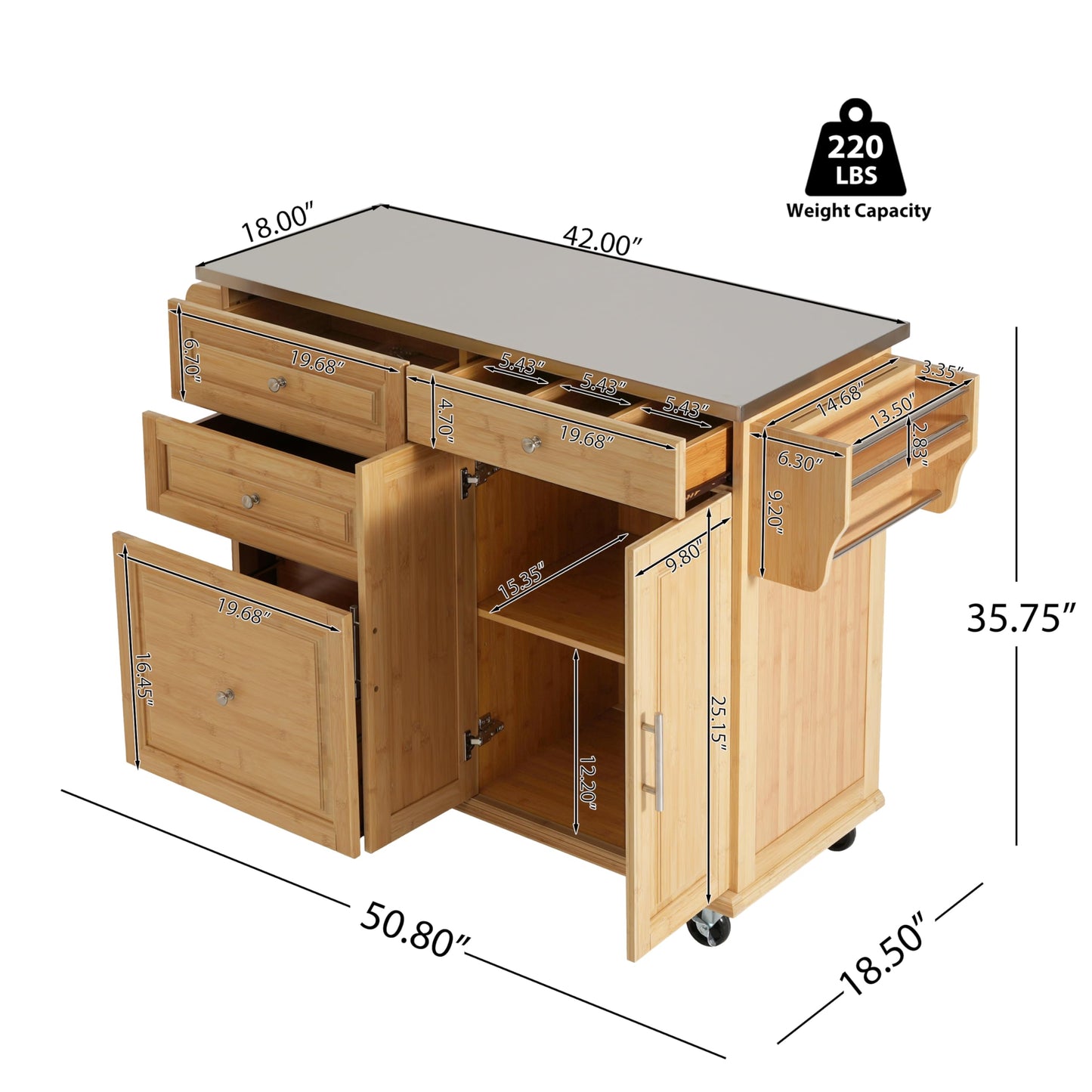 Merax Indoor Bamboo Rolling Kitchen Island with Stainless Steel Top – Mobile Cart with Drawers, Cabinet & Towel Rack for Dining & Bar