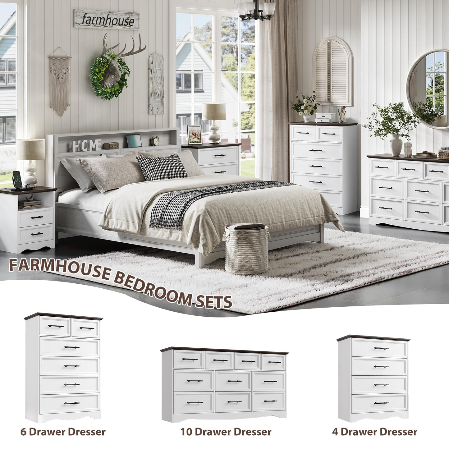 Farmhouse 6 Drawer Dresser, White Wood Chest of Drawers, 44" Tall Bedroom Storage Cabinet with Brushed Metal Handles, Closet Organizer for Bedroom, Living Room, Hallway