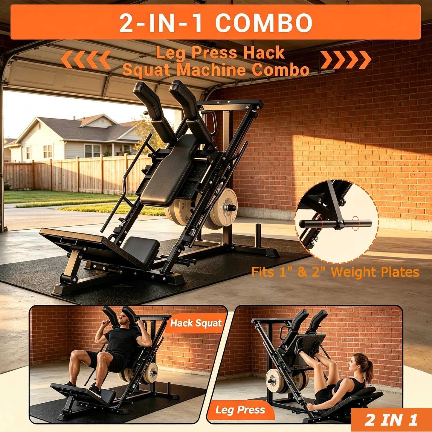 Leg Press Hack Squat Machine 2-in-1 for Home Gym, Linear Bearing System, 1200LB Capacity, 4-Position Safety Stops & Weight Storage, Lower Body Workout Equipment (Weights Not Included)
