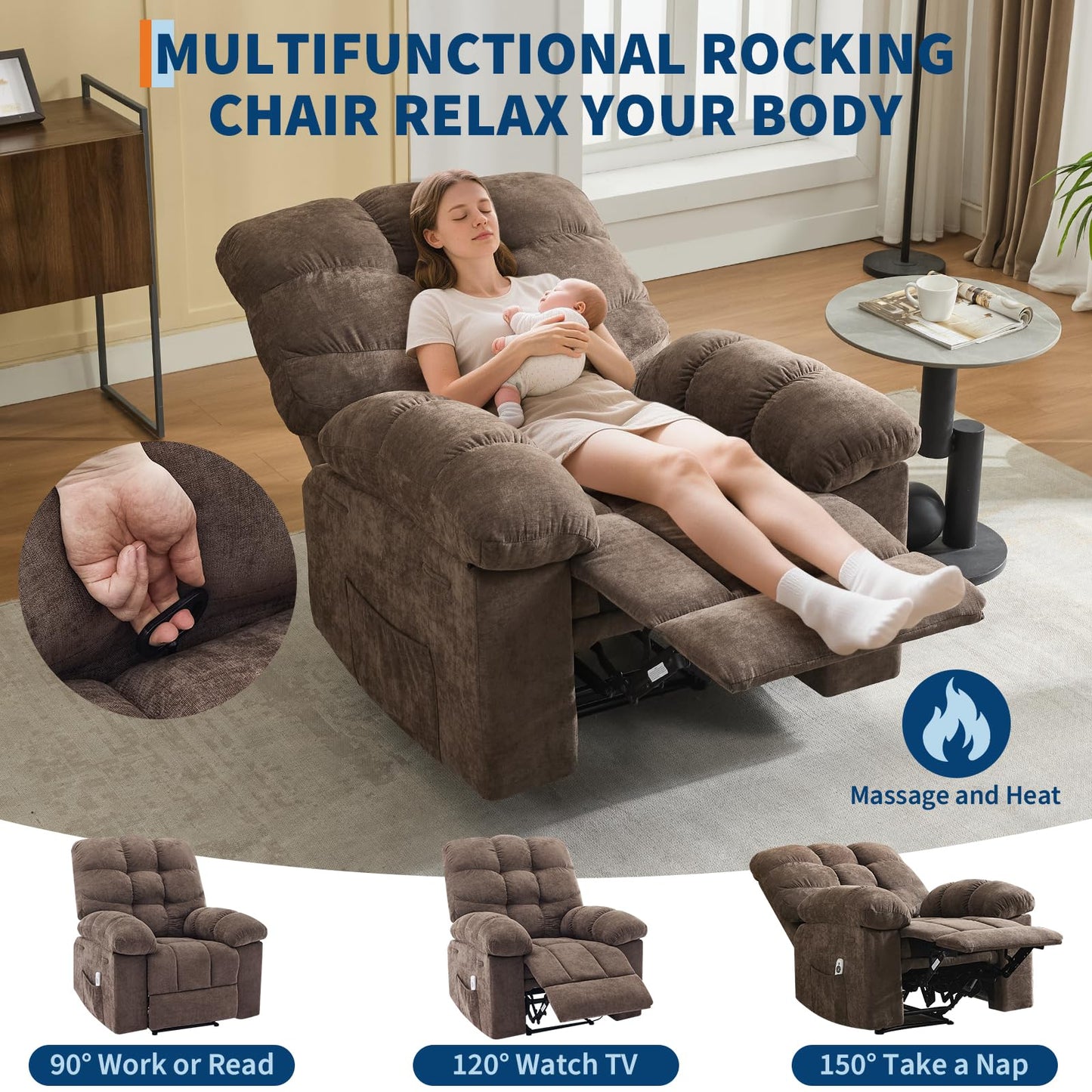 Garvee 21.4in Wide Recliner Chair,Massage & Heat Recliner Chair for Adults,Home Theater Seating with Lumbar Support,Ergonomic Breathable Fabric Nursery Rocking Chairs for Living Room