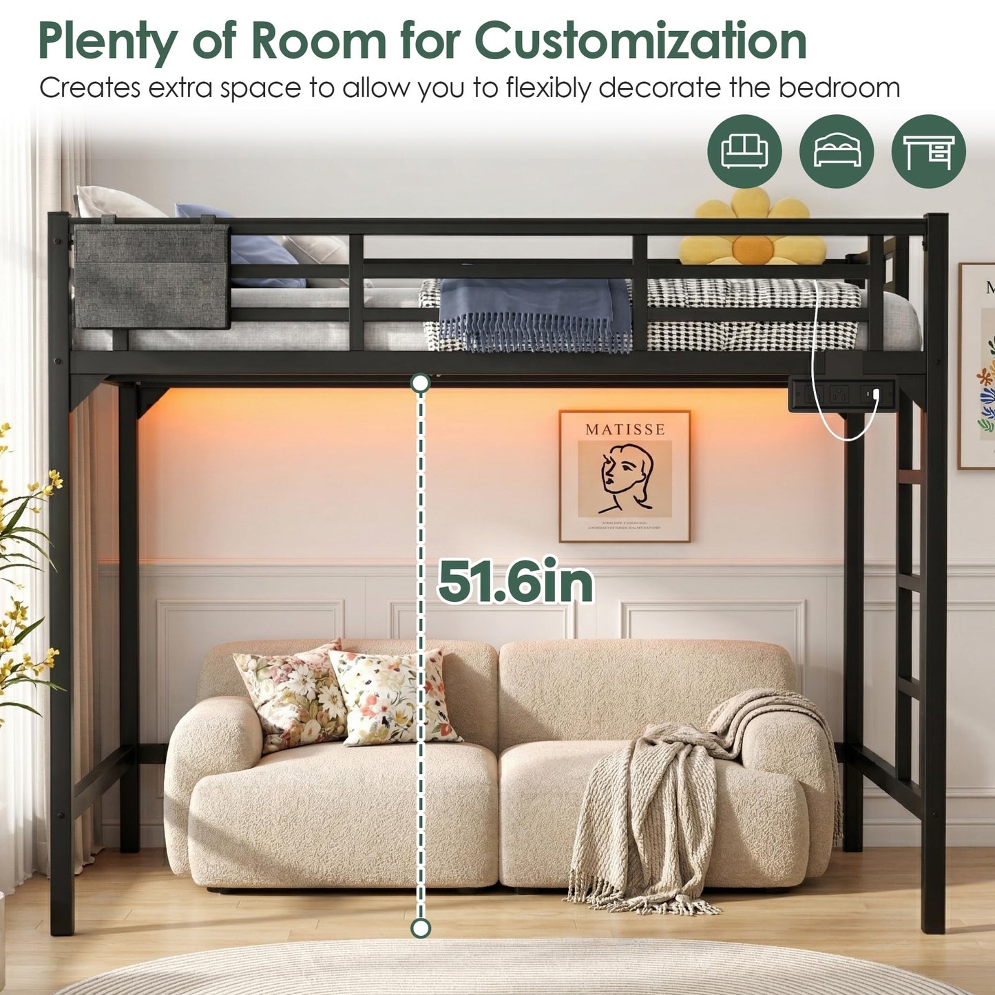 Twin XL Loft Bed with Charging Station & LED Lights, Heavy Duty Metal Bed Frame with Storage Pocket, Ladder and Guardrail Reinforced Twin XL Loft Bed Space-Saving for Adults, Guest Room, Dorm, Black