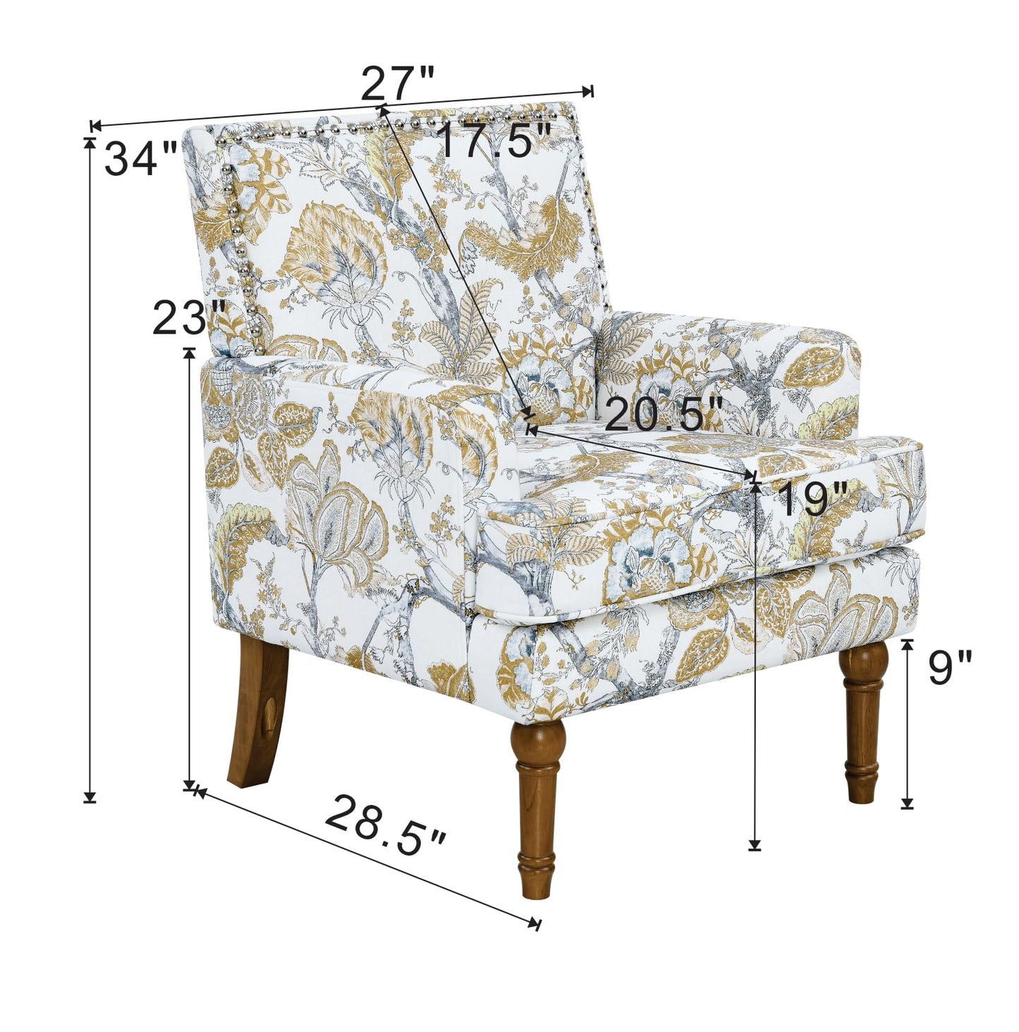 KEIKI Upholstered Accent Chair, Mid Century Armchair with Floral Pattern, Sofa Chair with Solid Wood Legs for Living Room, Bedroom (Earthy Yellow)