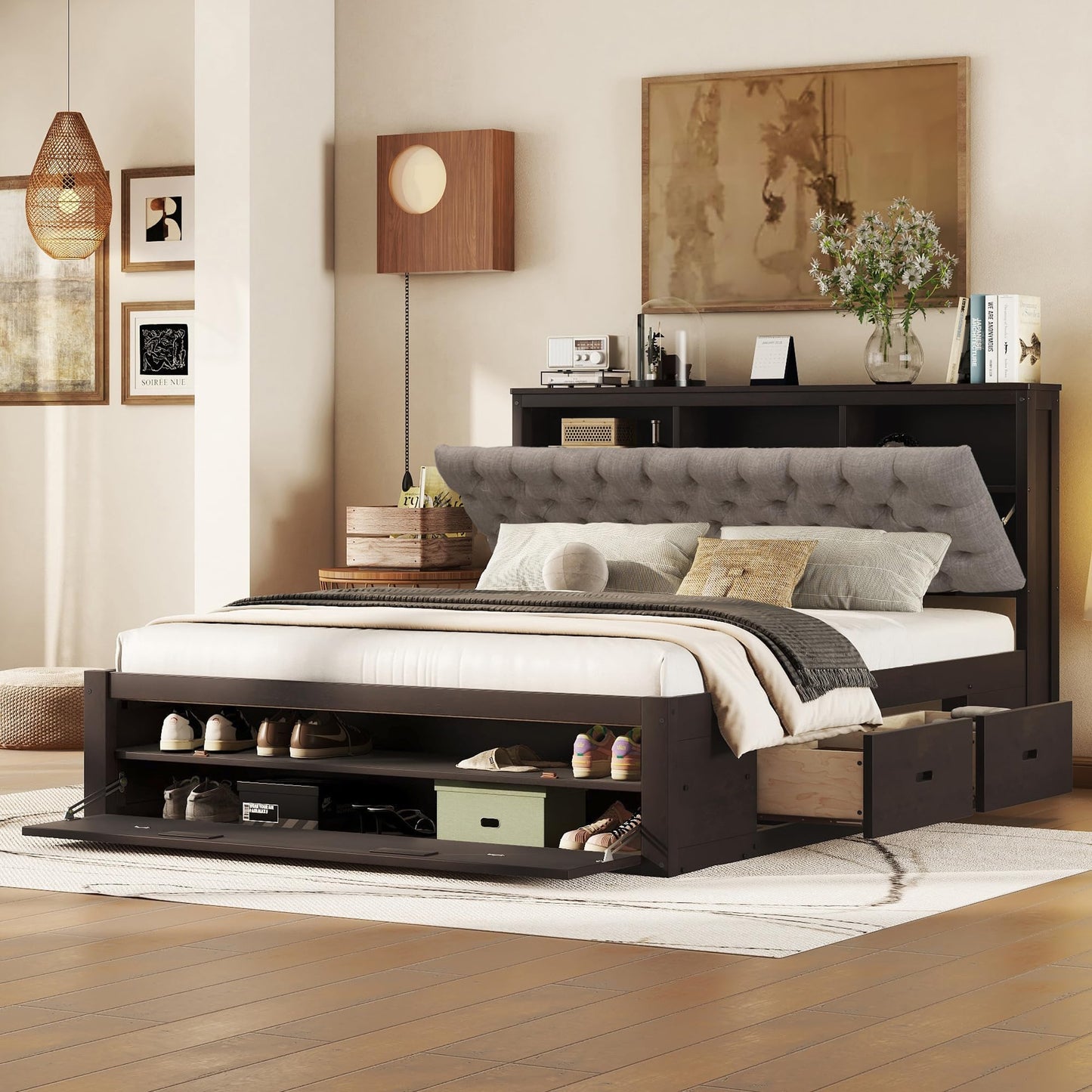 Merax Queen Size Bed Frame with Upholstered Storage Headboard, Rustic Wood Platform Bed with Four Drawers and Shoe Rack, Sturdy Wooden Slats Support, No Box Spring Needed, Easy Assembly, Espresso