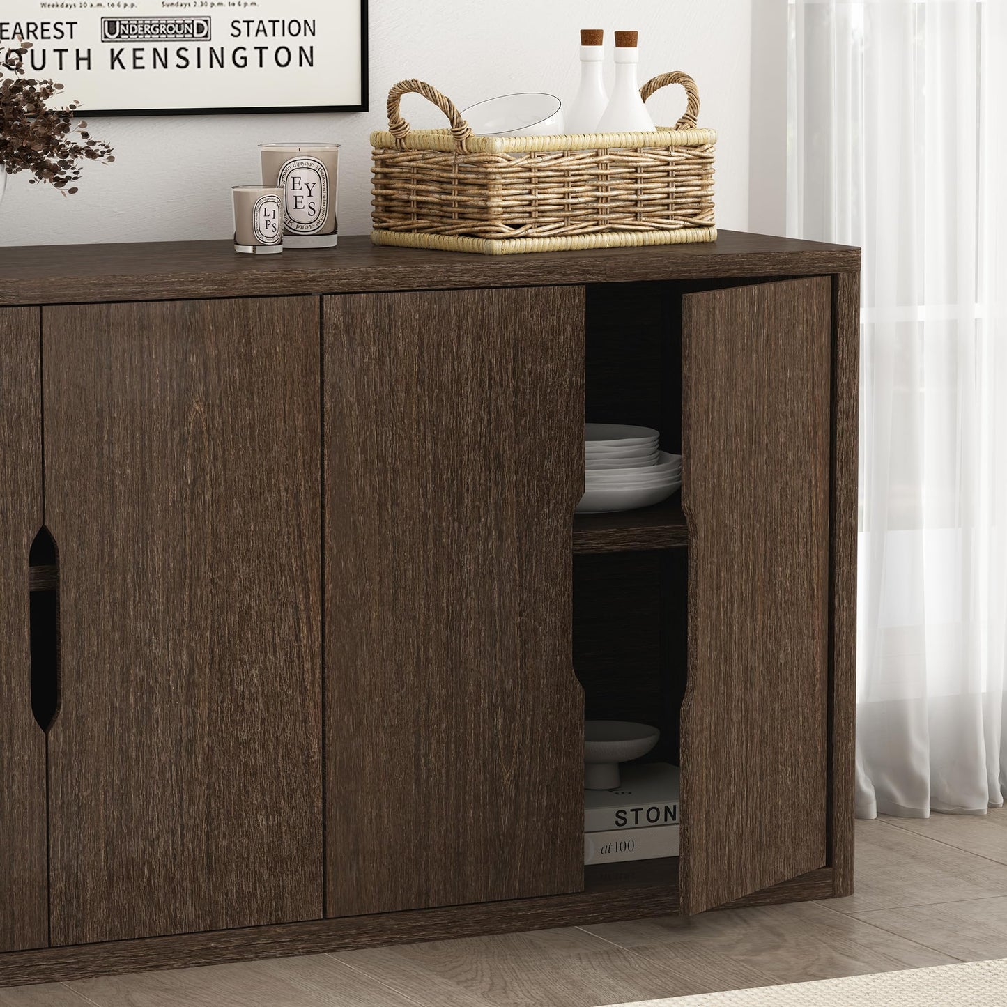 Manhattan Comfort Rivington Modern Sideboard Buffet Cabinet with Storage – 60" Media Console Table with Doors and 4 Adjustable Shelves for Dining Room, Living Room, or Entryway, Walnut