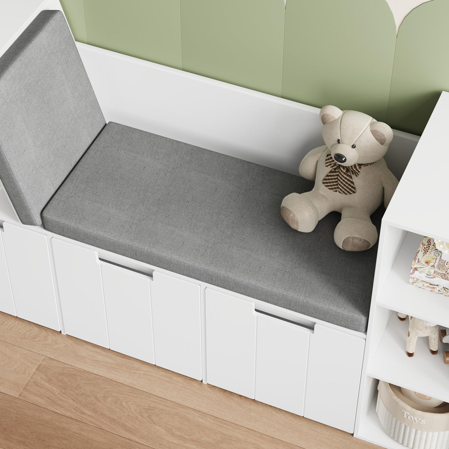 BOTLOG 61.5" Kids Reading Nook with 3-Layer Bookshelf, Reading Nook for Kids with Double Bench and Rolling Drawers, Bookshelf and Toy Storage for Nursery, Playroom (White)