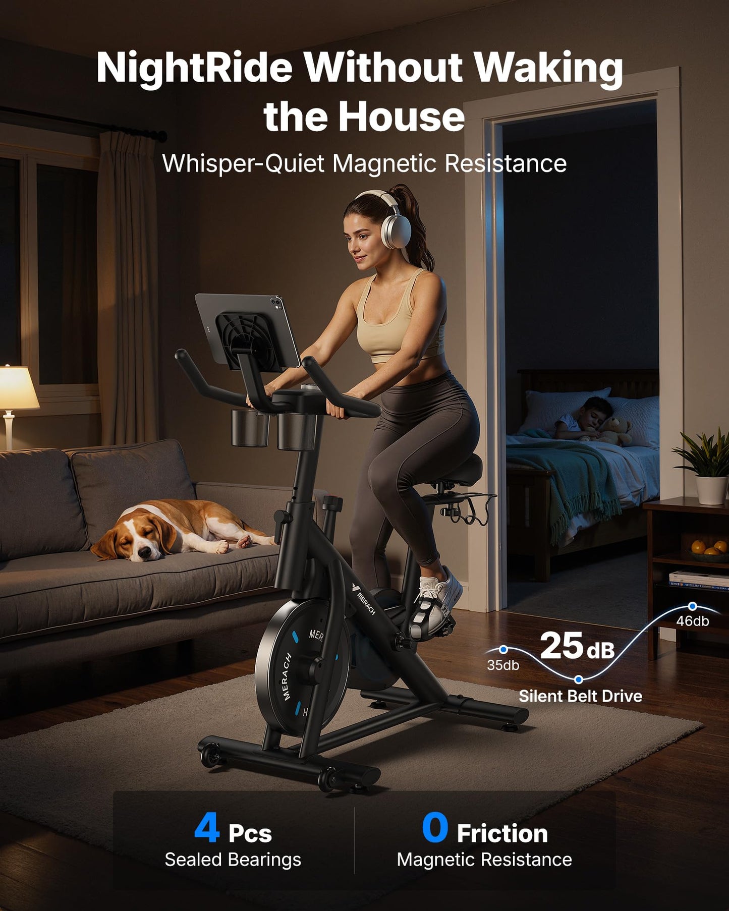 Merach Exercise Bike, Brake Pad/Magnetic Stationary Bike with Exclusive App, Low Noise Indoor Cycling Bike with 270LBS Weight Capacity, Dumbbell Rack and Fitness Courses for Weight Loss