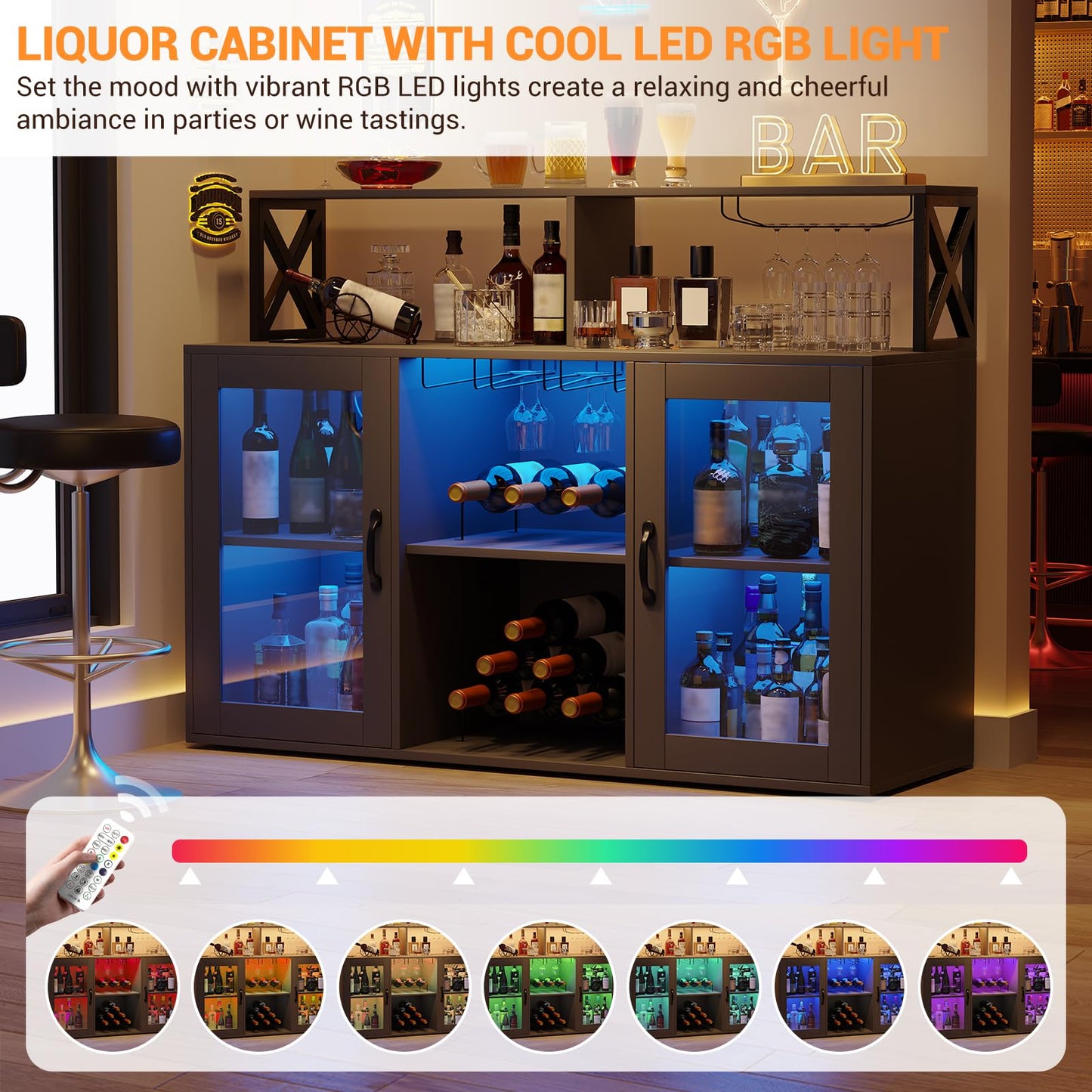 MegaChoice Wine Bar Liquor Cabinet with LED Lights, Wine Glass Holder & Rack, Kitchen Coffee Bar Cabinet, Sideboard Cabinet Bars with Storage for Home, Living Room, Dining Room Black