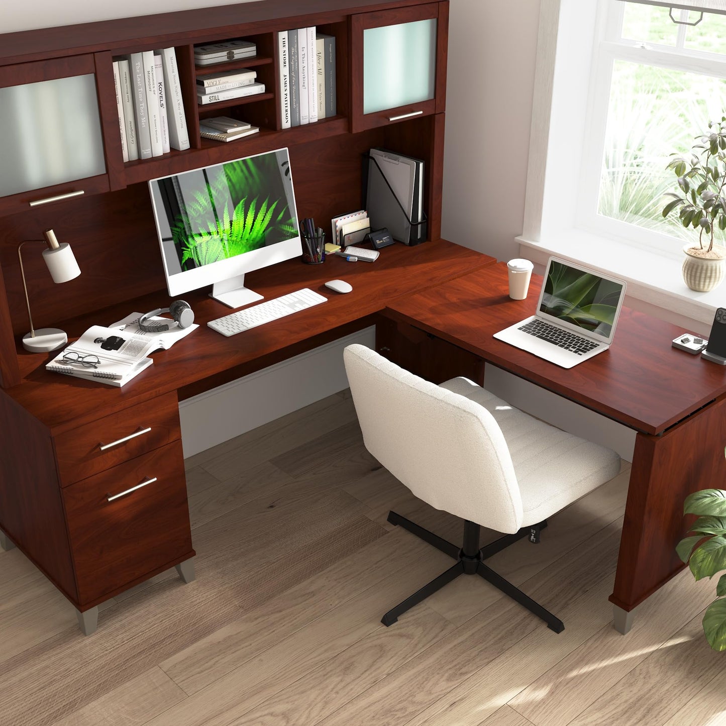 Bush Home 72-Inch L-Shaped Sit to Stand Desk with Hutch, Adjustable Height Standing Corner Computer Desk with Drawers, Shelves and Storage Cabinet, Home Office, Somerset Collection, Hansen Cherry