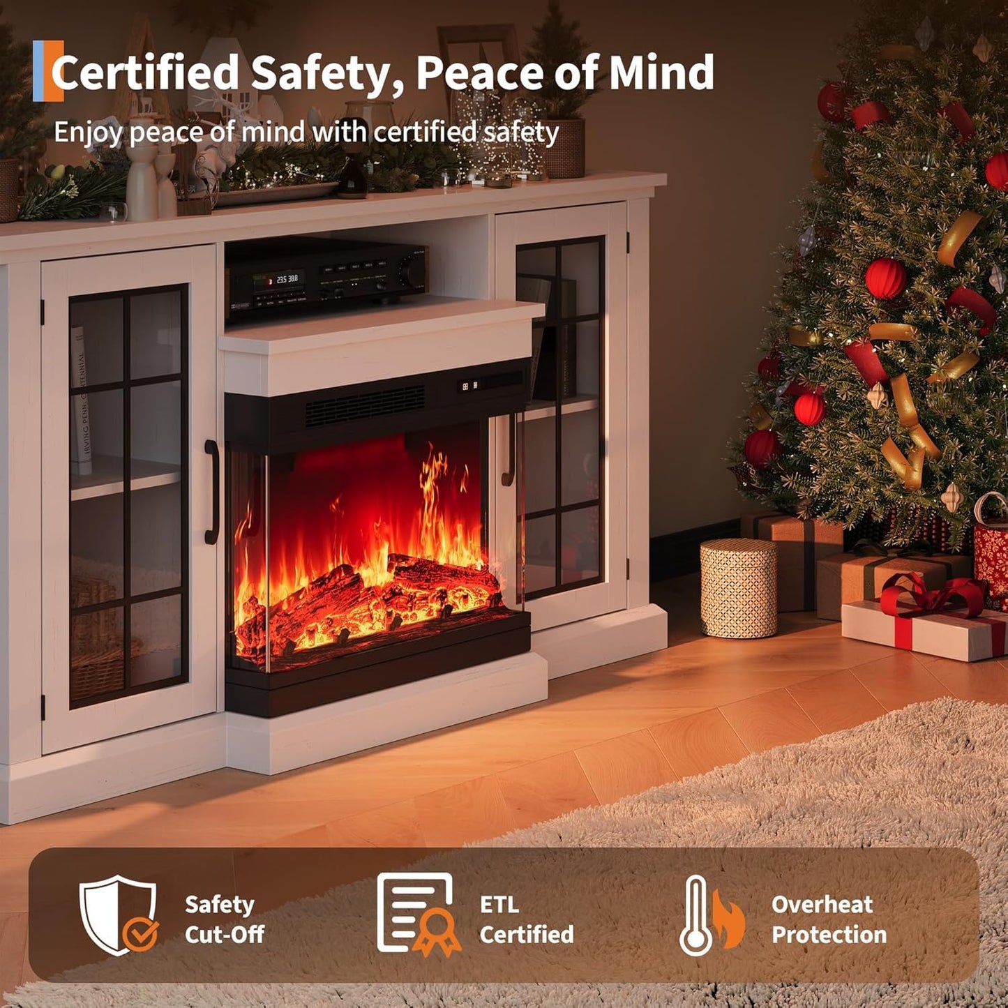 40" 3 Sided Glass Electric Fireplace & 75" TV Stand, 12 Colors LED Lights Flame, 750W/1500W, Tv Stand with Fireplace