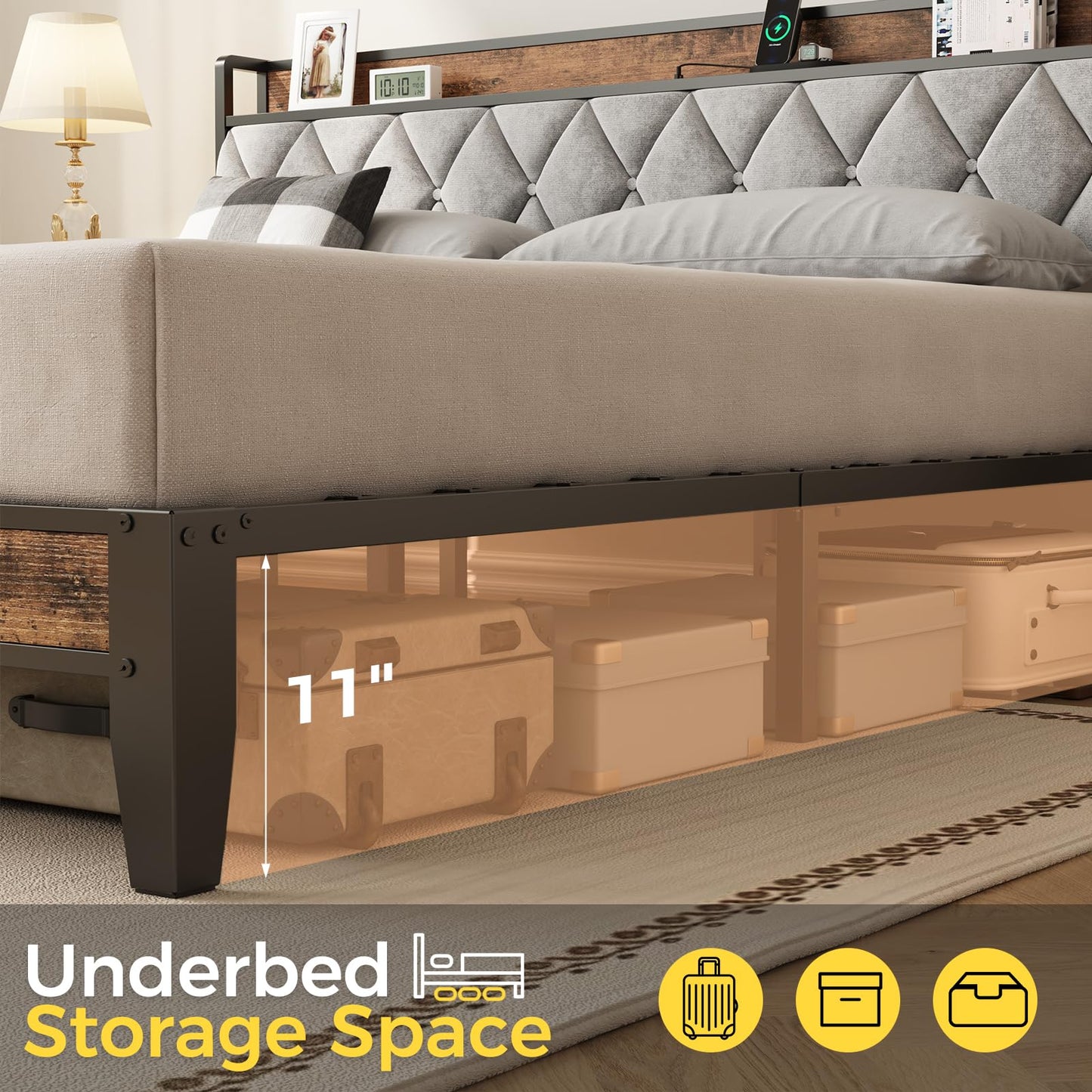 DUMOS King Size Upholstered Platform Bed Frame, King Bed with Storage Drawers and Fabric Headboard, Wooden Slats Support, 1323 lbs Weight Capacity, No Box Spring Needed, Easy Assembly, Gray