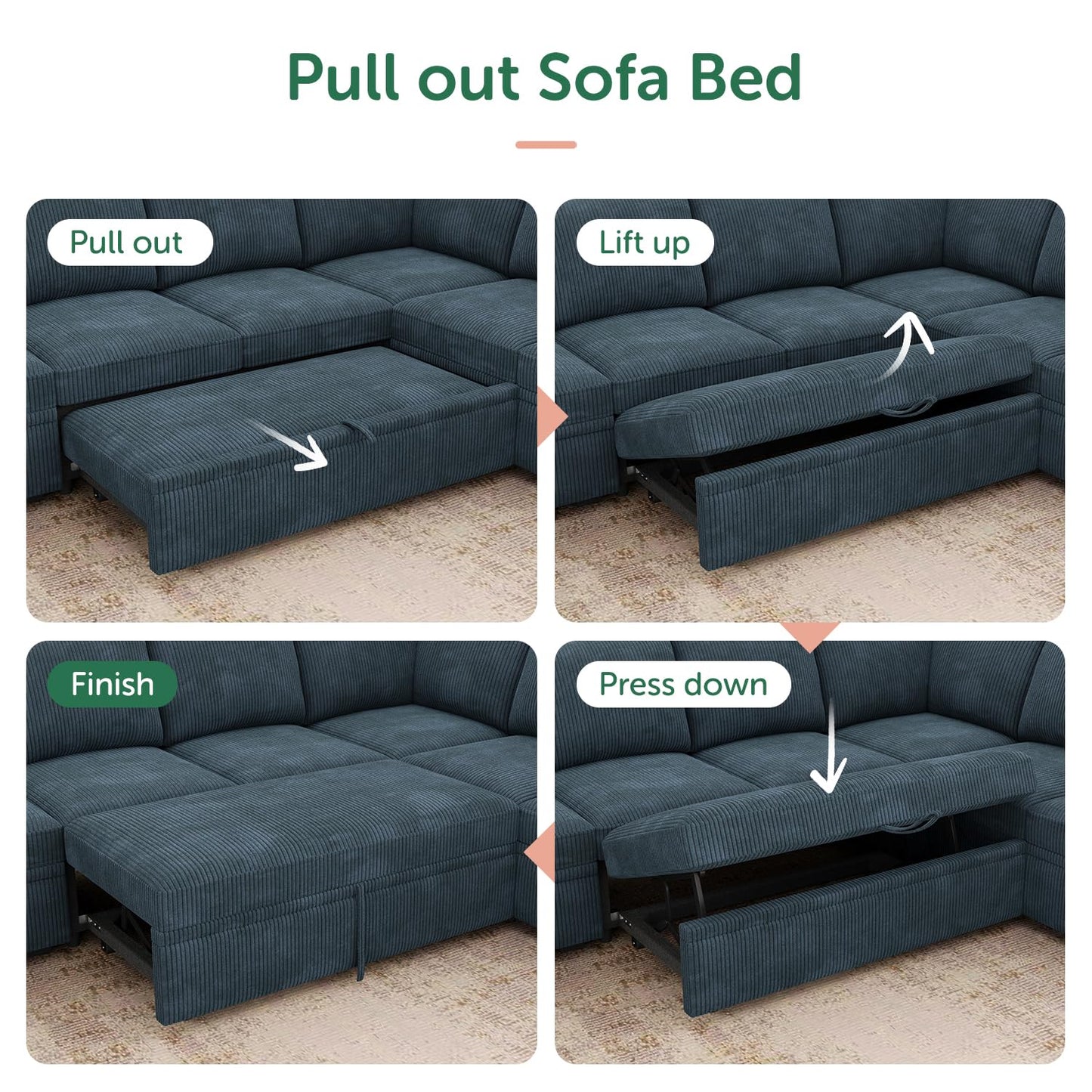 HONBAY Modular Sectional Sleeper Couch with Pull Out Bed, Corduroy L Shaped Sofa with Storage, Convertible Sectional Couches for Living Room, Blue