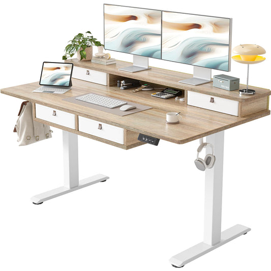 TIQLAB 55 * 28 Inch Standing Desk with Four Drawers, Electric Sit Stand Table, Stand Up Desk Adjustable Height with Storage Shelf, Splice Board, Maple