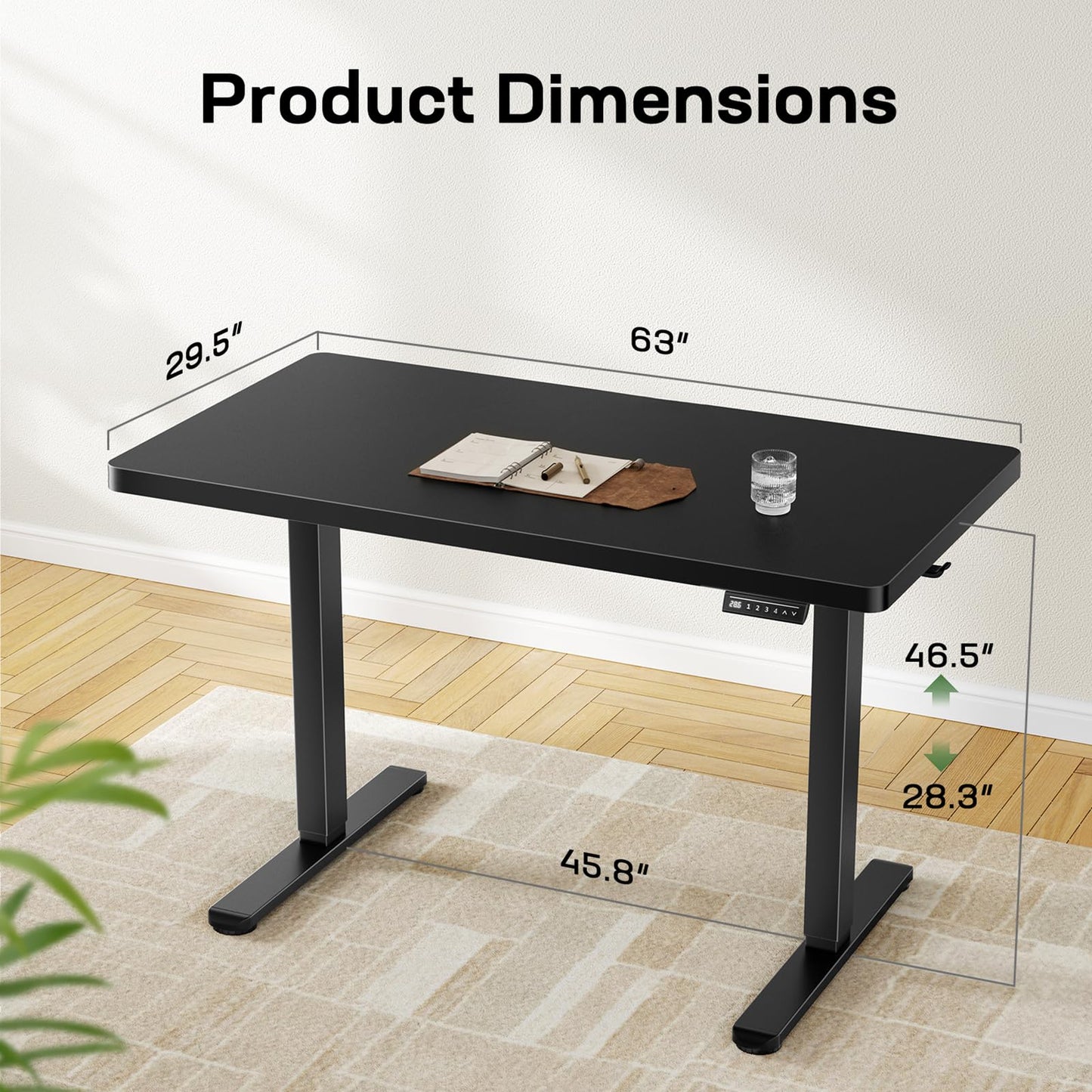 Marsail 63 x 30 Electric Standing Desk with One-Piece Desktop, Sit Stand Desk with Thickened Tabletop, Height Adjustable Stand Up Desk with Cable Management for Home Office(Frame+Desktop, 2 Packages)