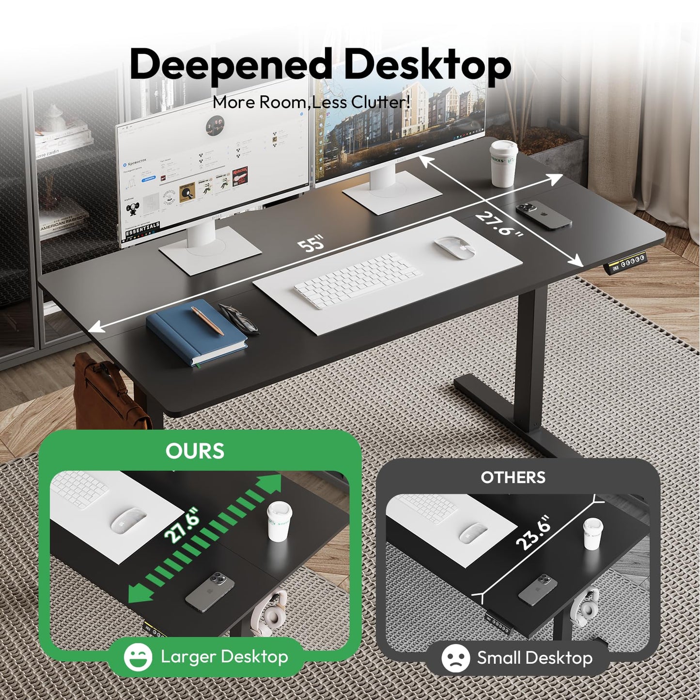Gamork Large Electric Standing Desk,55x28 Inches Adjustable Height Stand up Desk, Sit Stand Home Office Desk, 3 Preset Heights,Equipped with Hooks,Ergonomic Computer Desk Workstation，Black