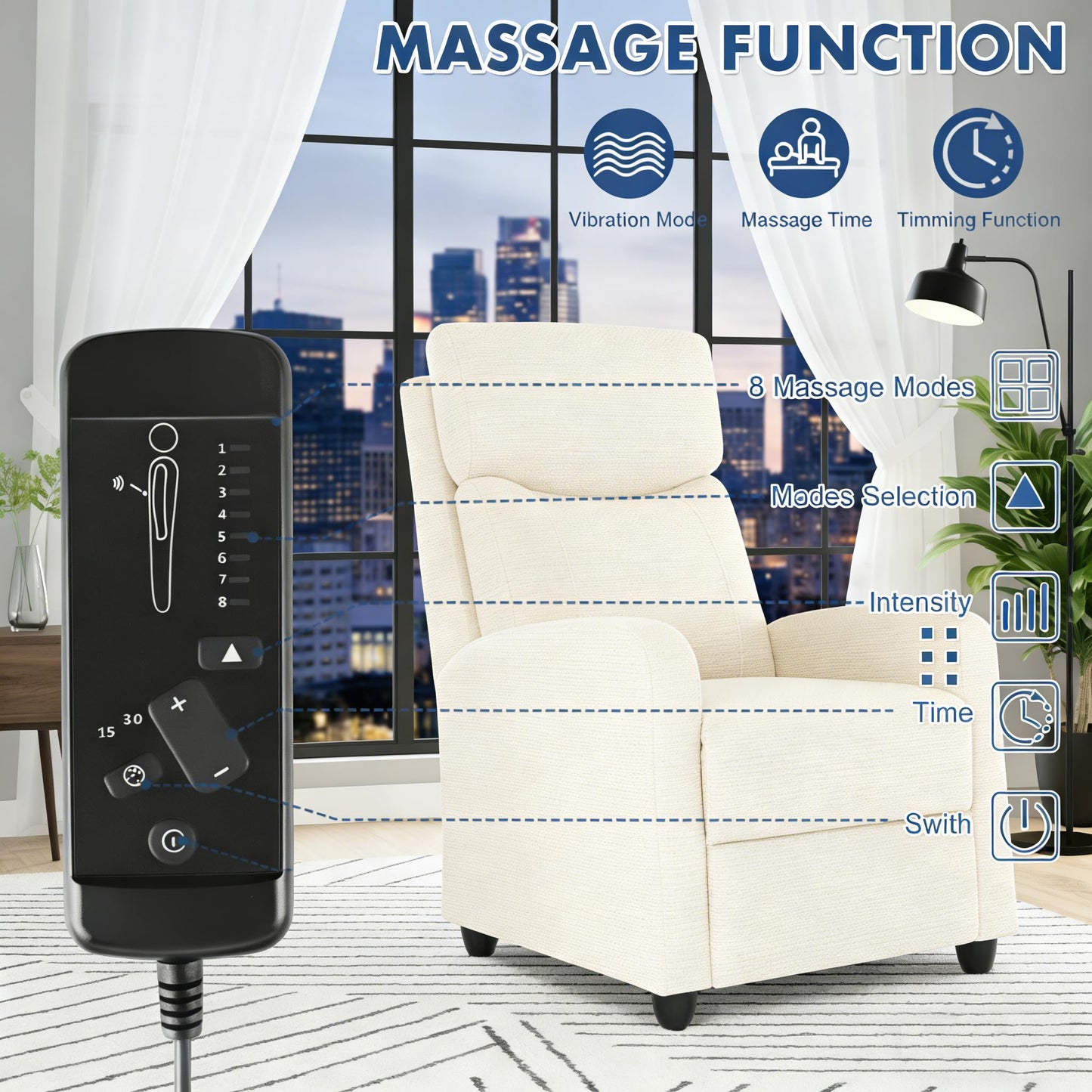 Simple Deluxe Massage Recliner Chair - Adjustable PU Leather Recliner, Luxe Reading Chair & Sofa Chair for Living Room Chairs or Bedroom Chair, Small Recliner for Home Theater, Beige