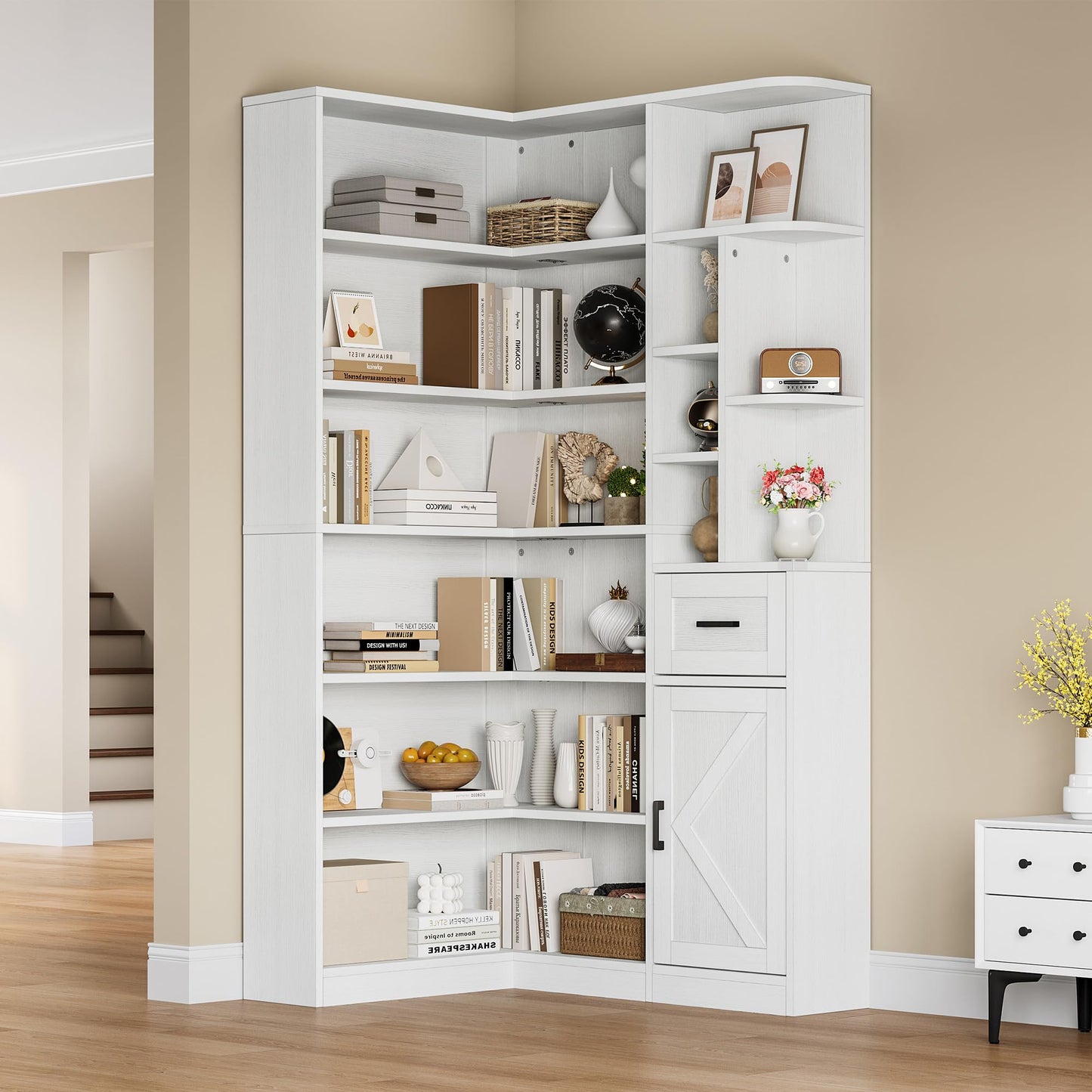 Garvee 74'' Tall Corner Bookshelf - 6-Tier Book Shelf with Drawer and Cabinets, l-Shaped Bookcase Open Storage Shelves Modern Display Shelf for Home, Office