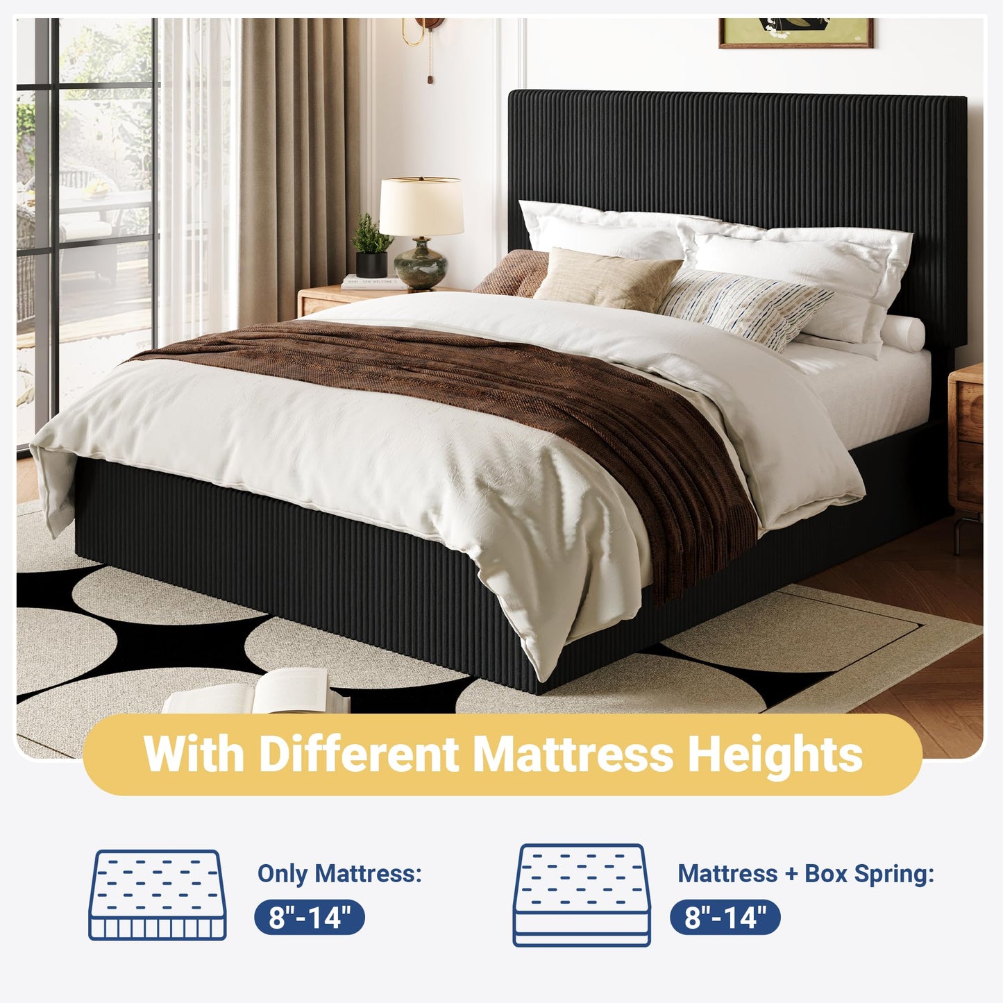 Allewie Queen Bed Frame, Upholstered Platform Bed, Adjustable Vertical Channel Tufted Headboard, Corduroy Fabric, Modern Low Profile, Wooden Slats, No Box Spring Needed, Easy Assembly, Black