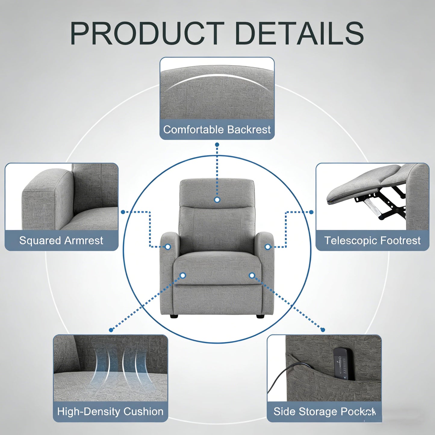 Simple Deluxe Massage Recliner Chair - Adjustable Fabric Recliner, Perfect Reading Chair & Sofa Chair for Living Room Chairs or Bedroom Chair, Small Recliner for Home Theater & Small Space, Grey