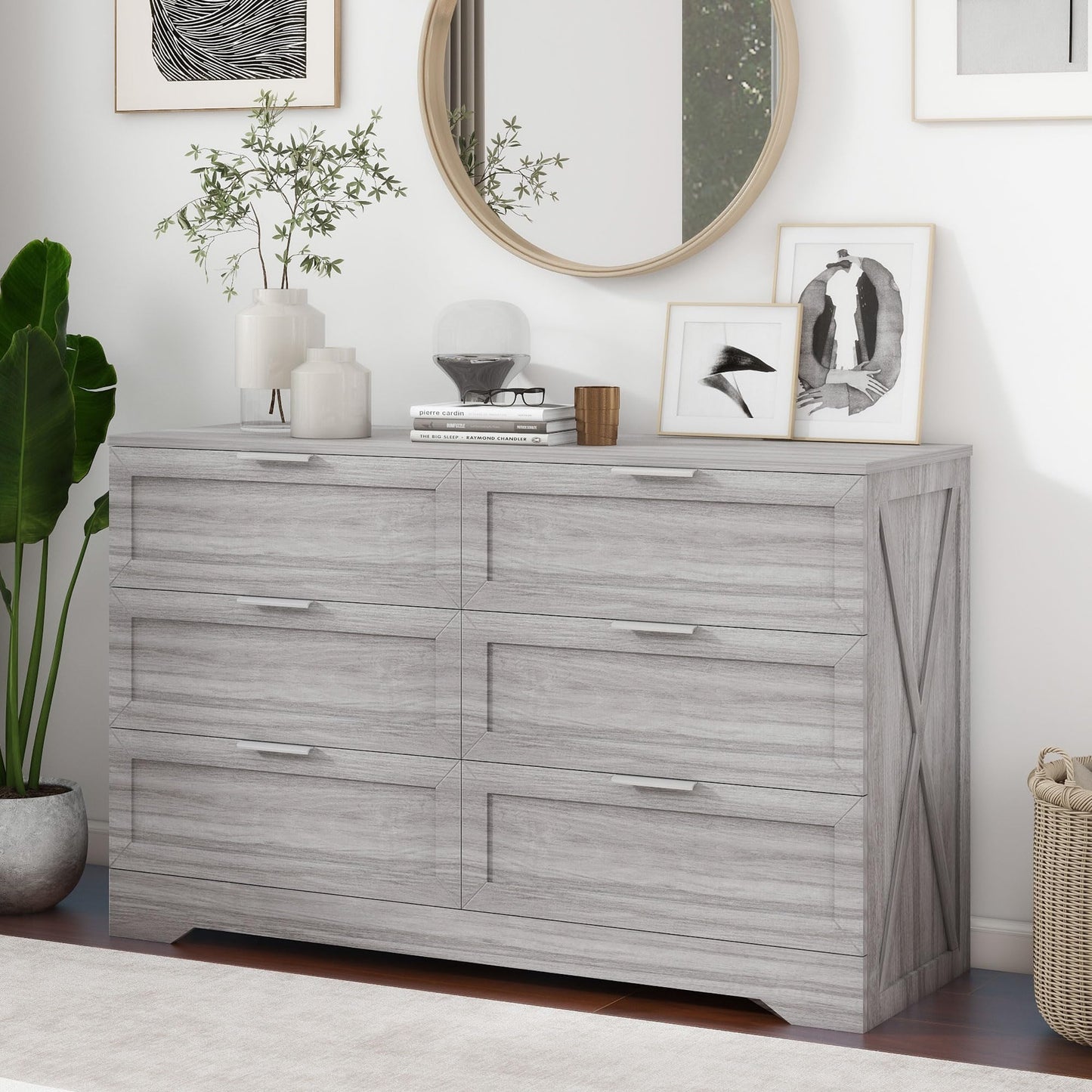 FTZxHKLX Modern 6-Drawer Dresser for Bedroom, Dresser Chest of Drawer with Large Drawers & Silver Handles, Wooden Dressers Drawers Storage Unit for Bedroom, Living Room, Closet (Wash Grey)