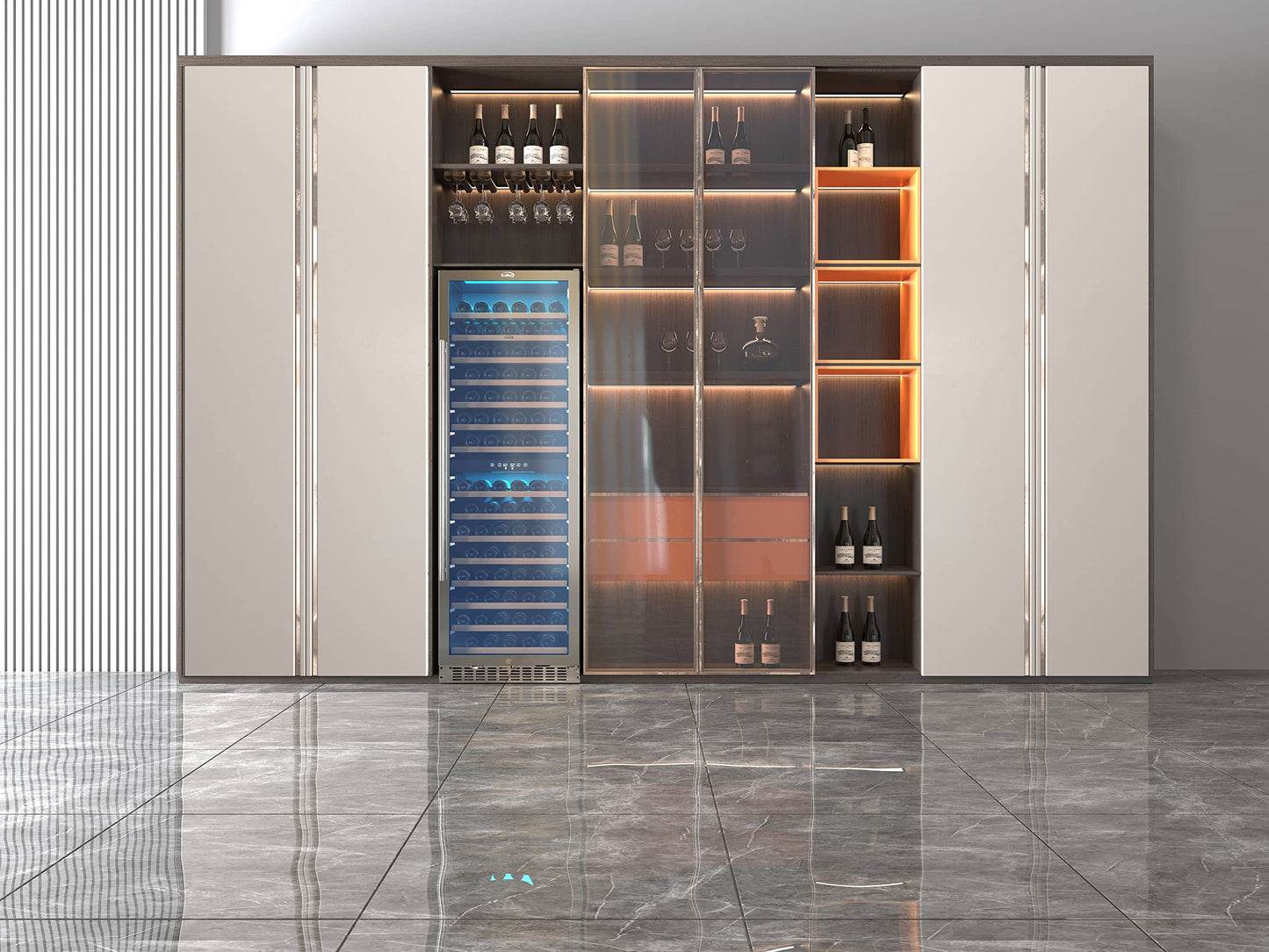 KoolMore 24” Inch 15.1 Cu.Ft. Dual Zone Wine Cooler Refrigerator, Freestanding or Built-In Unit, Stainless Steel Finish, Temperature Control, and Door Lock (KM-CW155DZ-SS), Silver, 155 Wine Bottles