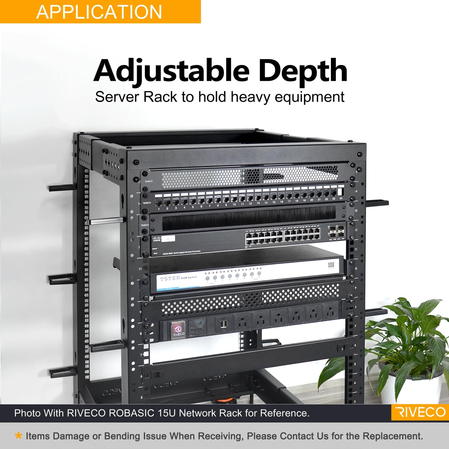 RIVECO 25U Server Rack Adjustable Depth Network 4 Post Cabinet Open Frame with Leveling Feet & Wheels Fully Rivets 1400 LBS