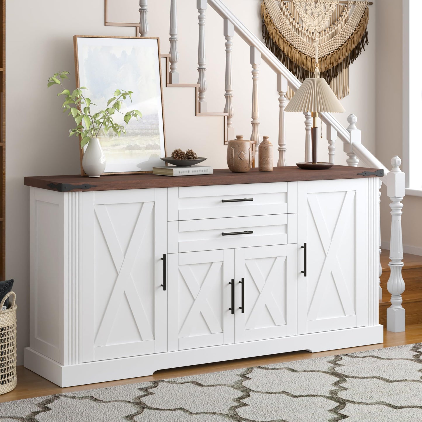 KEIKI 63" Farmhouse Barn Door Sideboard Buffet Cabinet with Storage – 2 Drawers, Door Rack, Adjustable Shelves, Door Rack, Kitchen Buffet, Large Sideboard Buffet Cabinet, Cabinet for Dishes, White