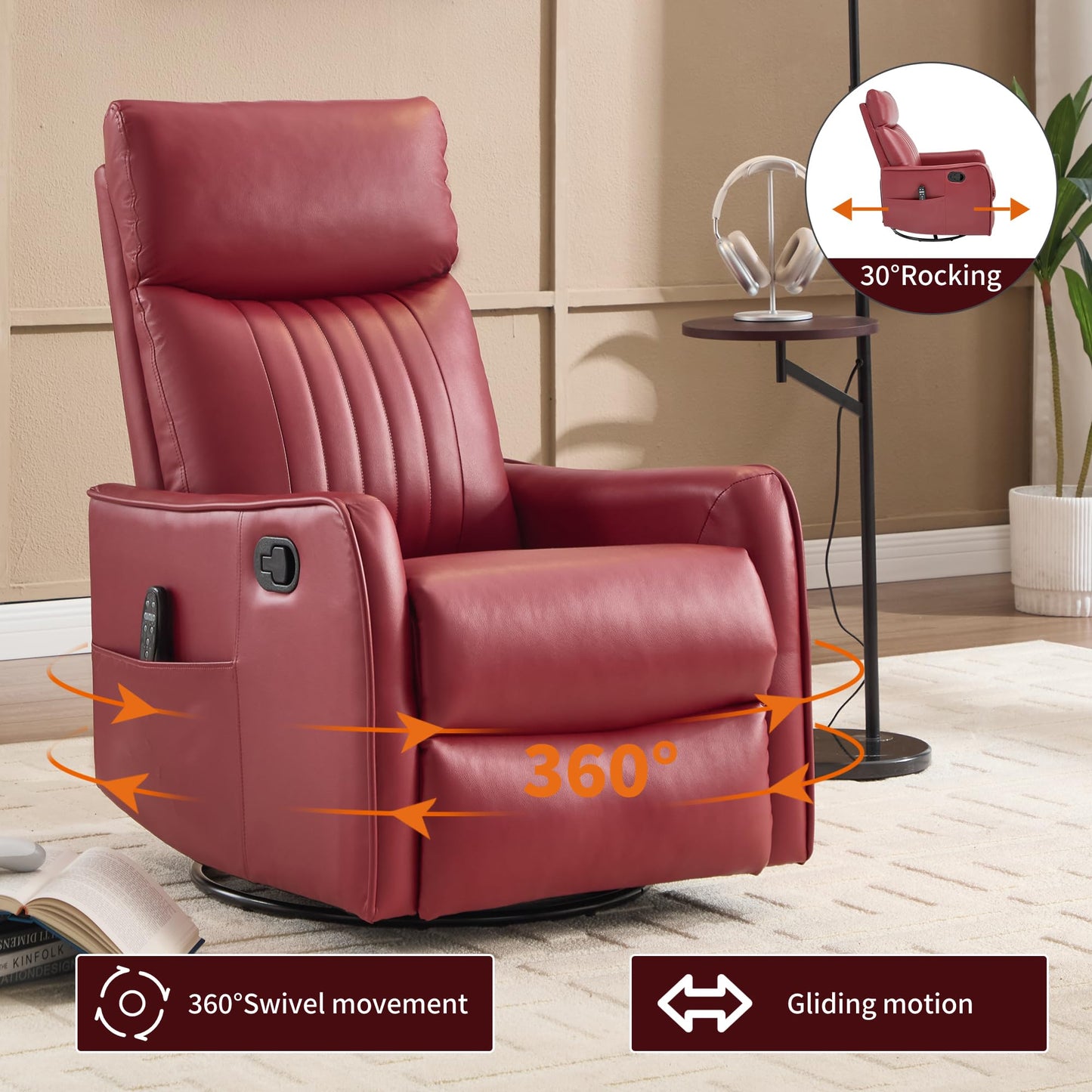 KEIKI 4-in-1 Manual Swivel Rocker Recliner Chair for Living Room, Faux Leather Nursery Glider Rocking Chairs with Back Massager & Heat, Engineered for Compact Apartment Comfort Lounging Daily, Red