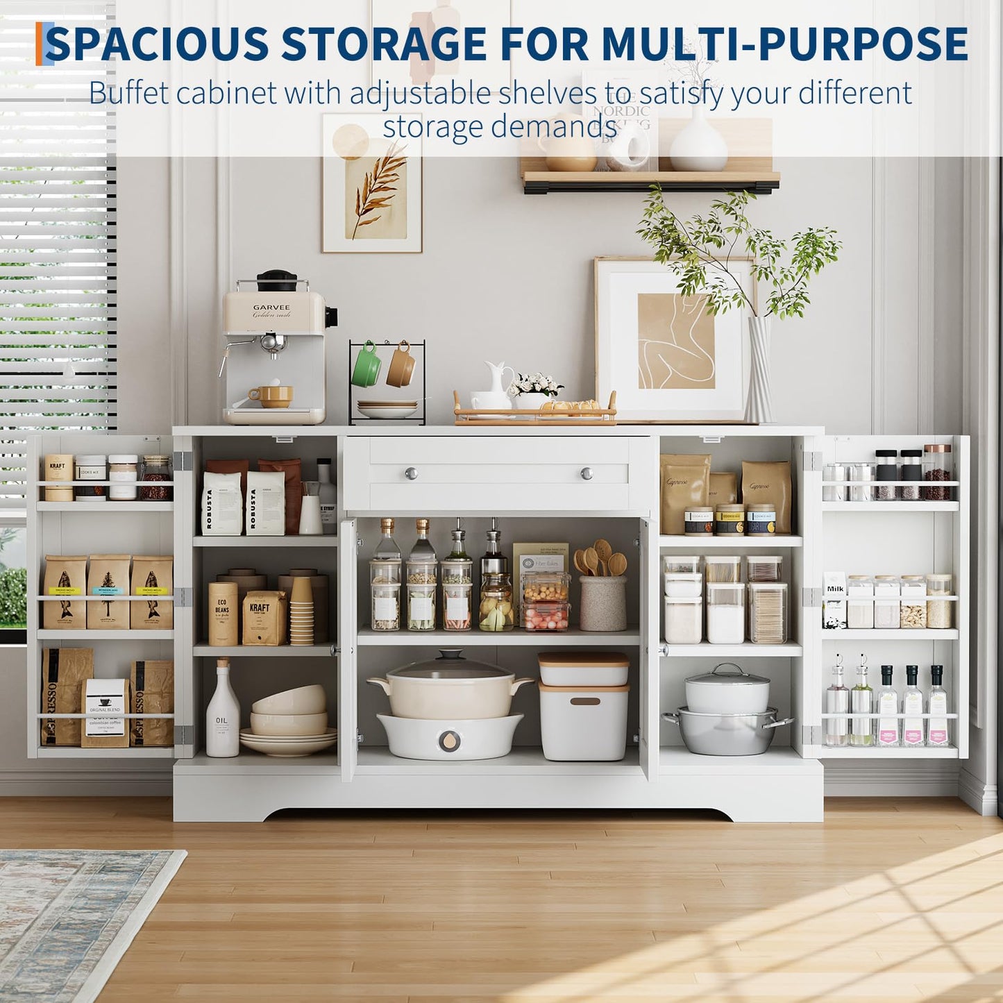MegaChoice Modern Sideboard Buffet Cabinet with Storage, 55 in Wood Coffee Bar Cabinet with Drawer, Shelves & Door Shelves, Buffet Table Credenzas for Kitchen Dining Room Living Room, White