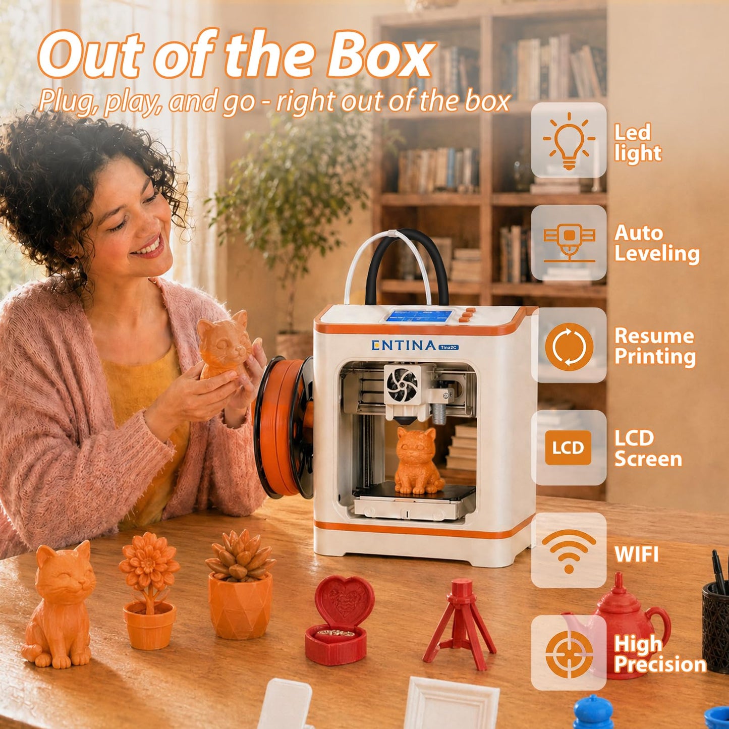 ENTINA TINA2C Mini 3D Printer with Wi-Fi & App Control, Fully Assembled, Auto Leveling, Silent Print,1500+ Models, 20+ DIY Modules, Fully Open Source DIY 3D Printer for Beginners, Makers