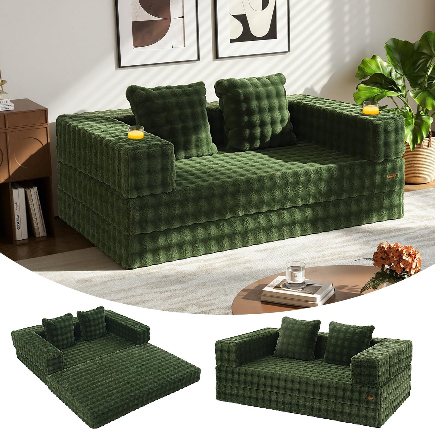 COMAX Futon Sofa Bed, 4‑in‑1 Convertible Sofa Bed, Folding Boneless Couches for Living Room, Fold Out Small Foldable Loveseat Floor Sleeper Comfy Mattress Lounge Space‑Saving, Classic Green