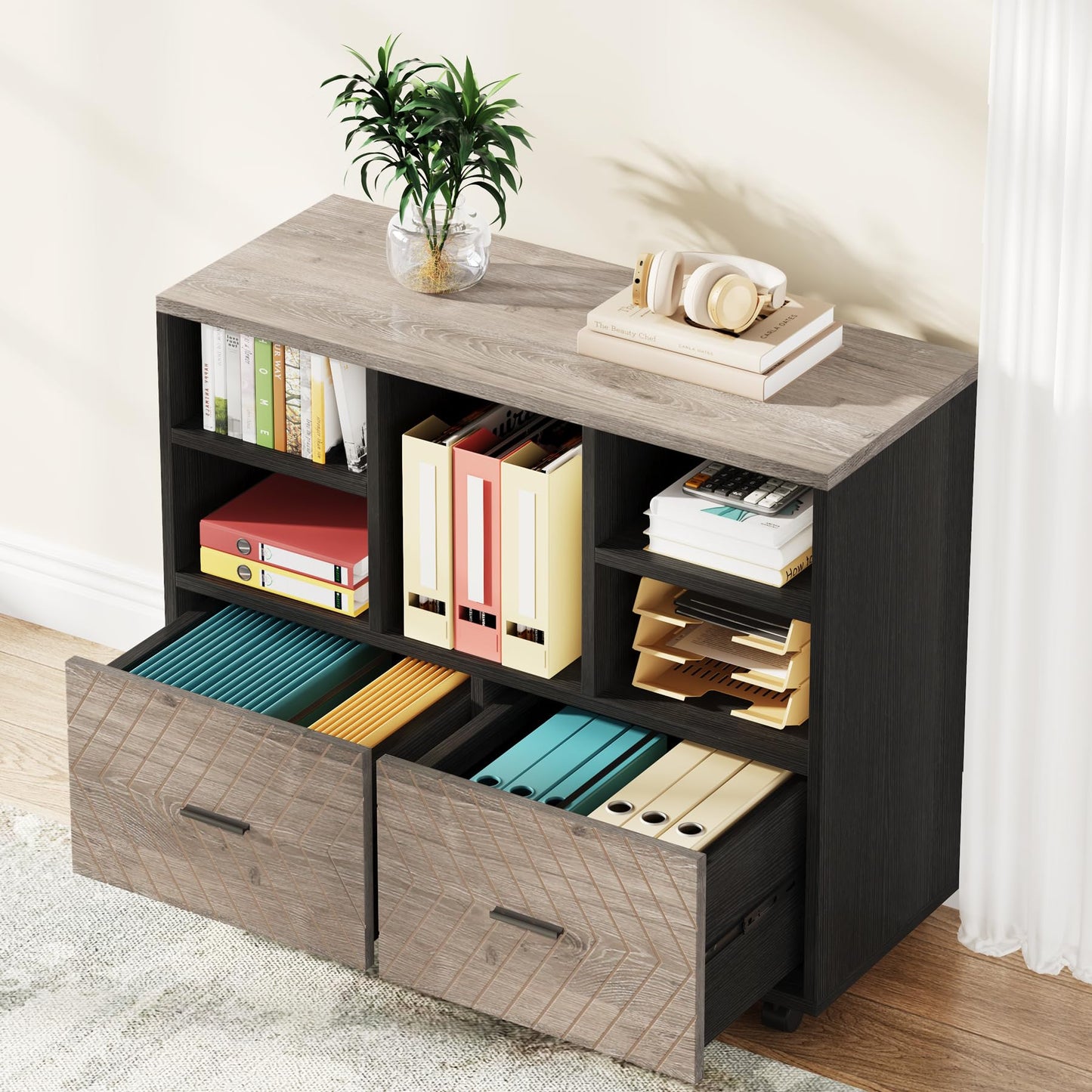 Tribesigns 2-Drawer Wood File Cabinet, Mobile Lateral Filing Cabinet for Hanging Letter Size Files, Printer Stand with Open Storage Shelves for Home Office (Gray & Black)