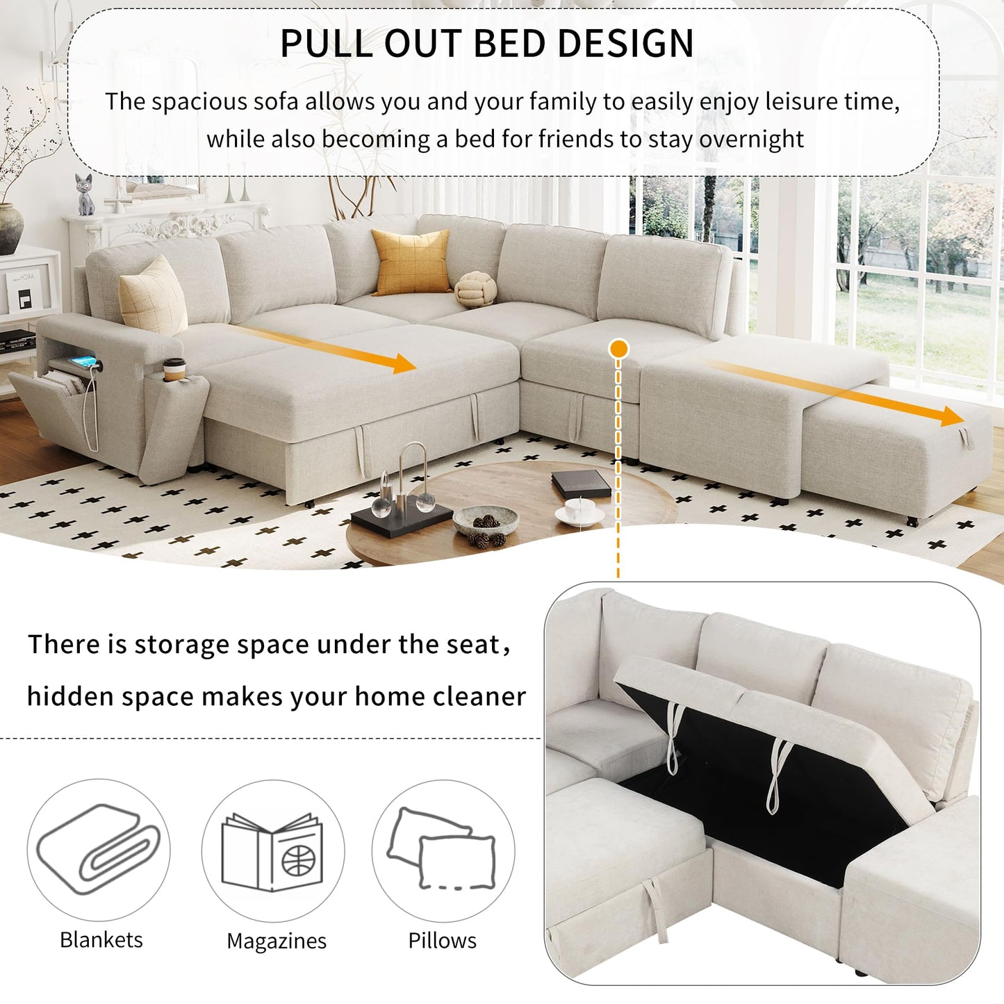 Merax L-Shaped Modular Sofa with Removable Storage Ottoman, USB Ports and Cup Holder, Upholstered Sectional Couch & Armrest, Free Combination Indoor Furniture for Living Room, Apartments, Beige
