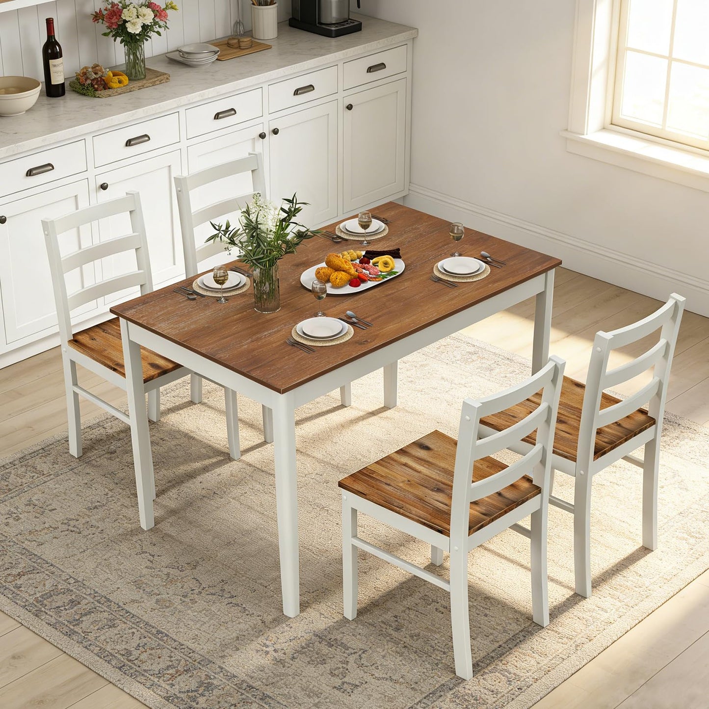 Giantex 5-Piece Dining Table Set for 4, 45" Rectangular Kitchen Table and Chairs Set with Solid Rubber Wood Legs, Space Saving Dinette Set for Small Space, Breakfast Nook, Restaurant (Rustic Brown)