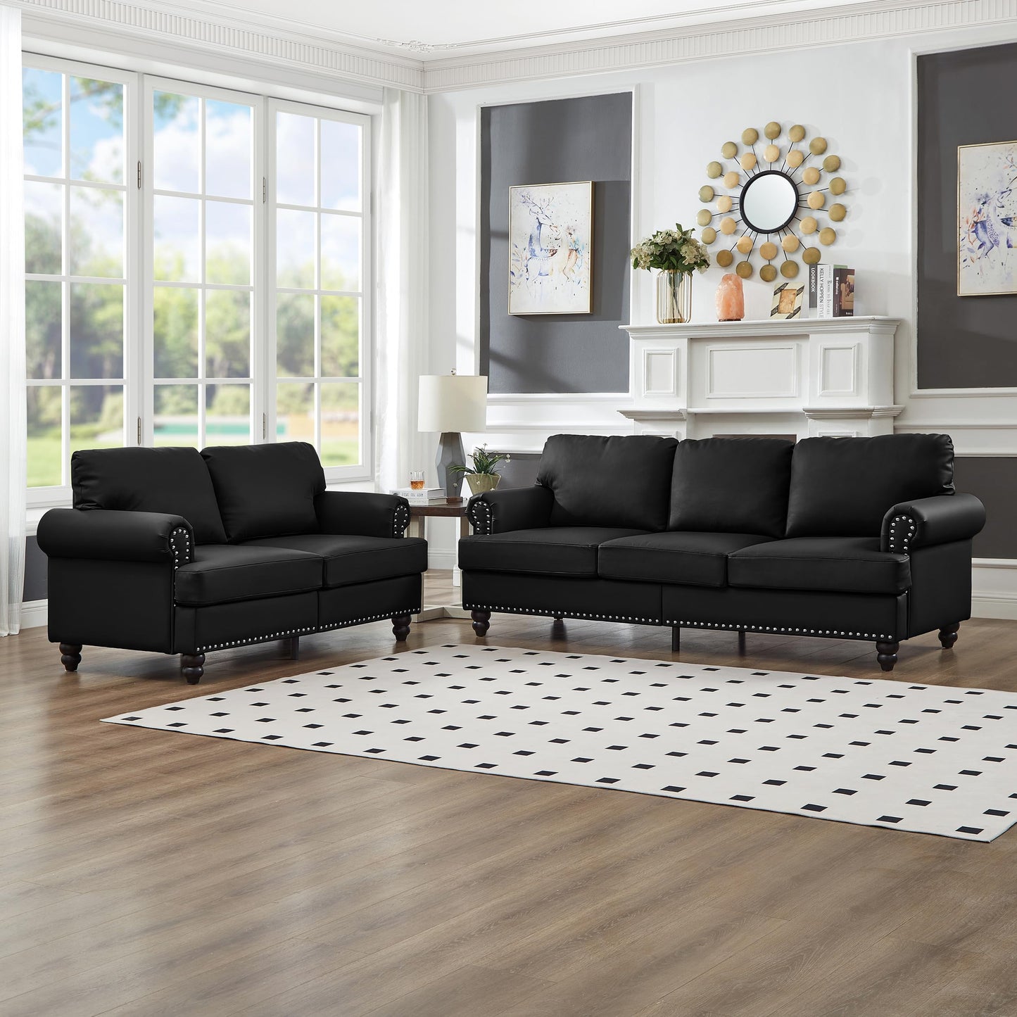 2 Pieses Living Room Sofa Sets Faux Leather Couch and Loveseat with Nailhead Decor, Soild Wood Legs, Rolled Armrests & Storage ,2PCS Sofas 3 Seaters Couch and Love Seat for Living Room Furniture Sets