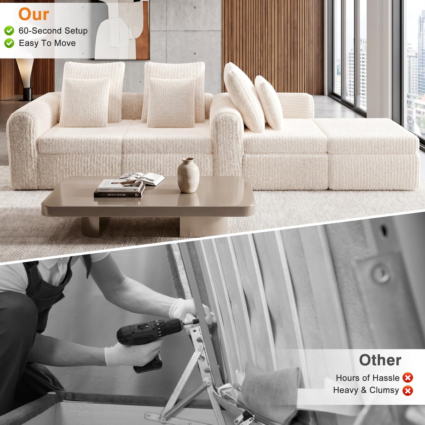 Feonase Modular Sectional Sofa, Cloud Sectional Couch with Deep Seat, 106.3'Modern Modular L Shape Sofa Couch with Chaise, Upholstered Boneless Couches for Living Room Bedroom, Beige
