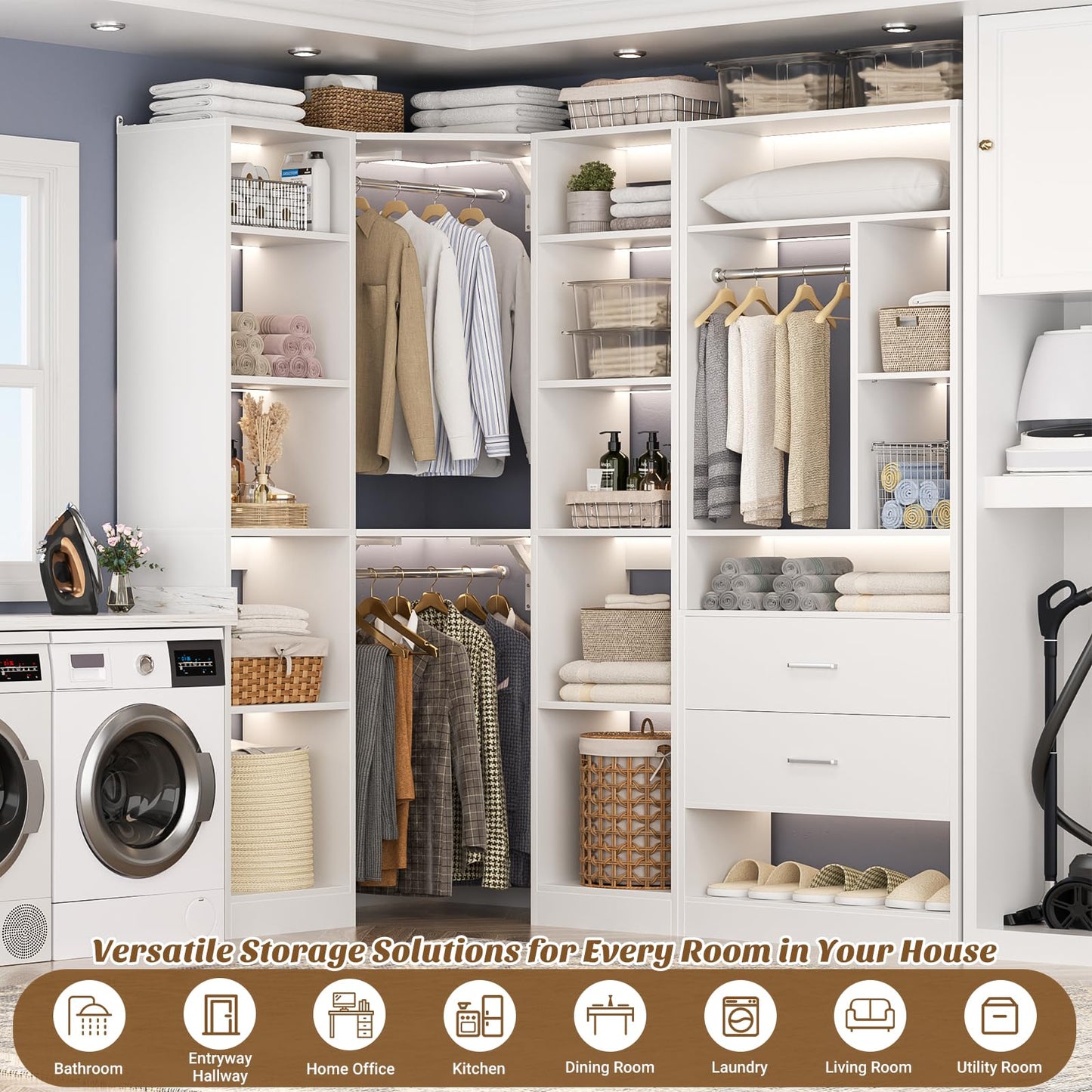 Besiost Corner Closet System with 2 Sets, 63.2" Corner Closet Organizer System with 2 Drawers + 18 Shelves + 3 Hanging Rods, Reversible L Shaped Walk-in Closets, White (63.2" L x 39.2" W x 80" H)