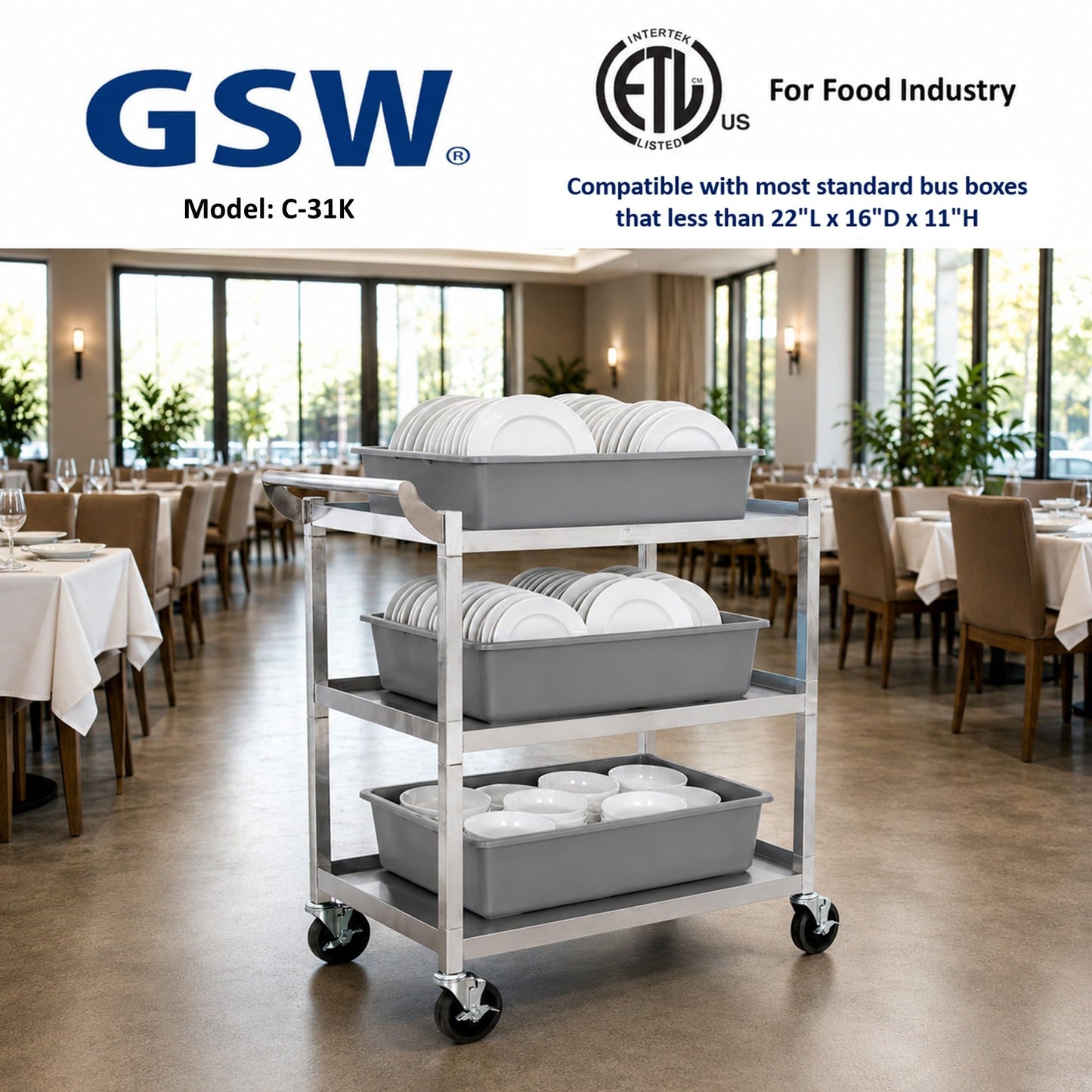 GSW C-31K Stainless Steel Solid 1-Inch Tubular Utility Cart with 4-3/4" Swivel Casters (26-1/2"W x 15-1/2"D x 35-1/2"H)