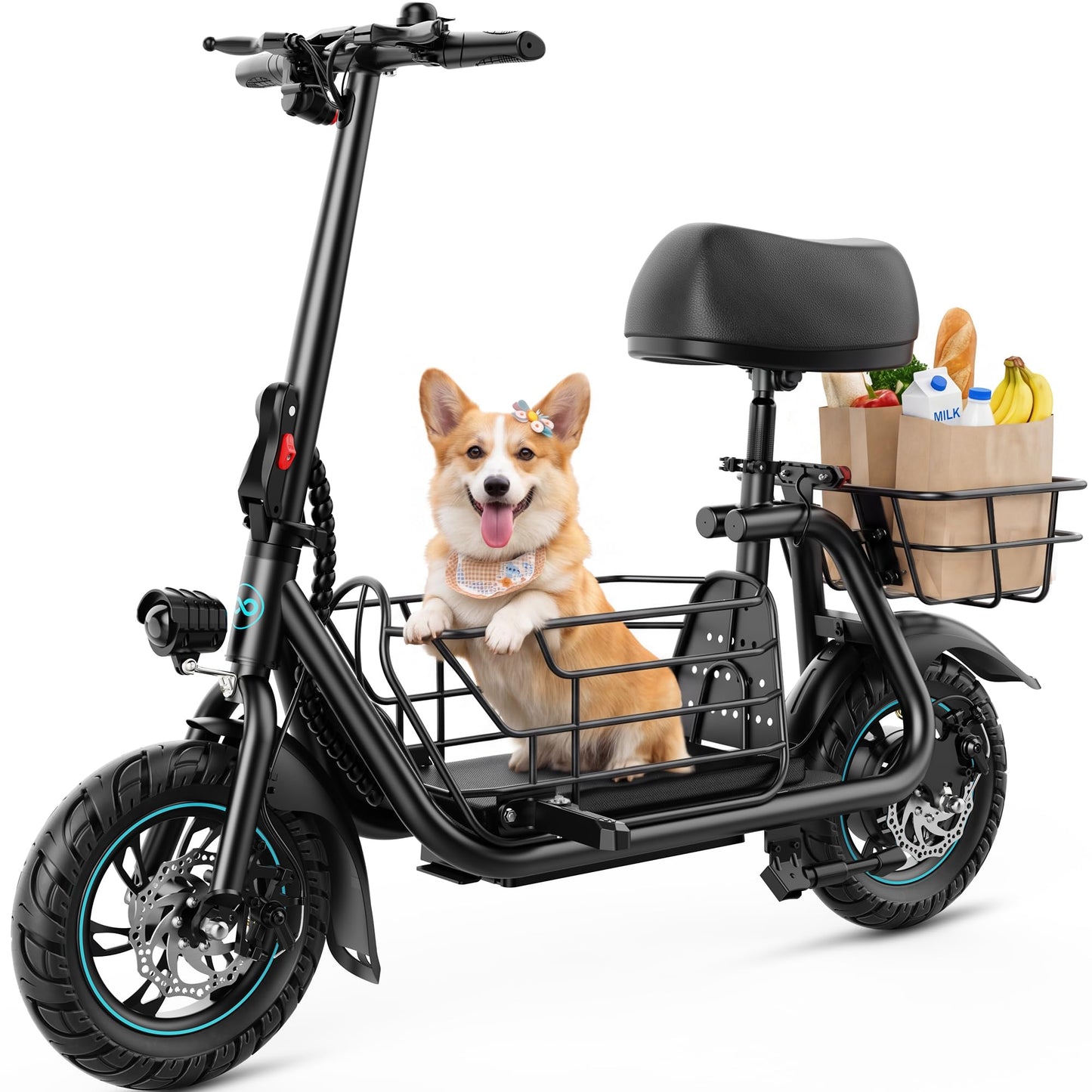 Gyroor C1S Electric Scooter with Seat for Adults - 550W Motor, Pet Basket, 19 MPH Top Speed, 20 Miles Range, 12" Pneumatic Tires, Foldable Commuting Scooter, Black
