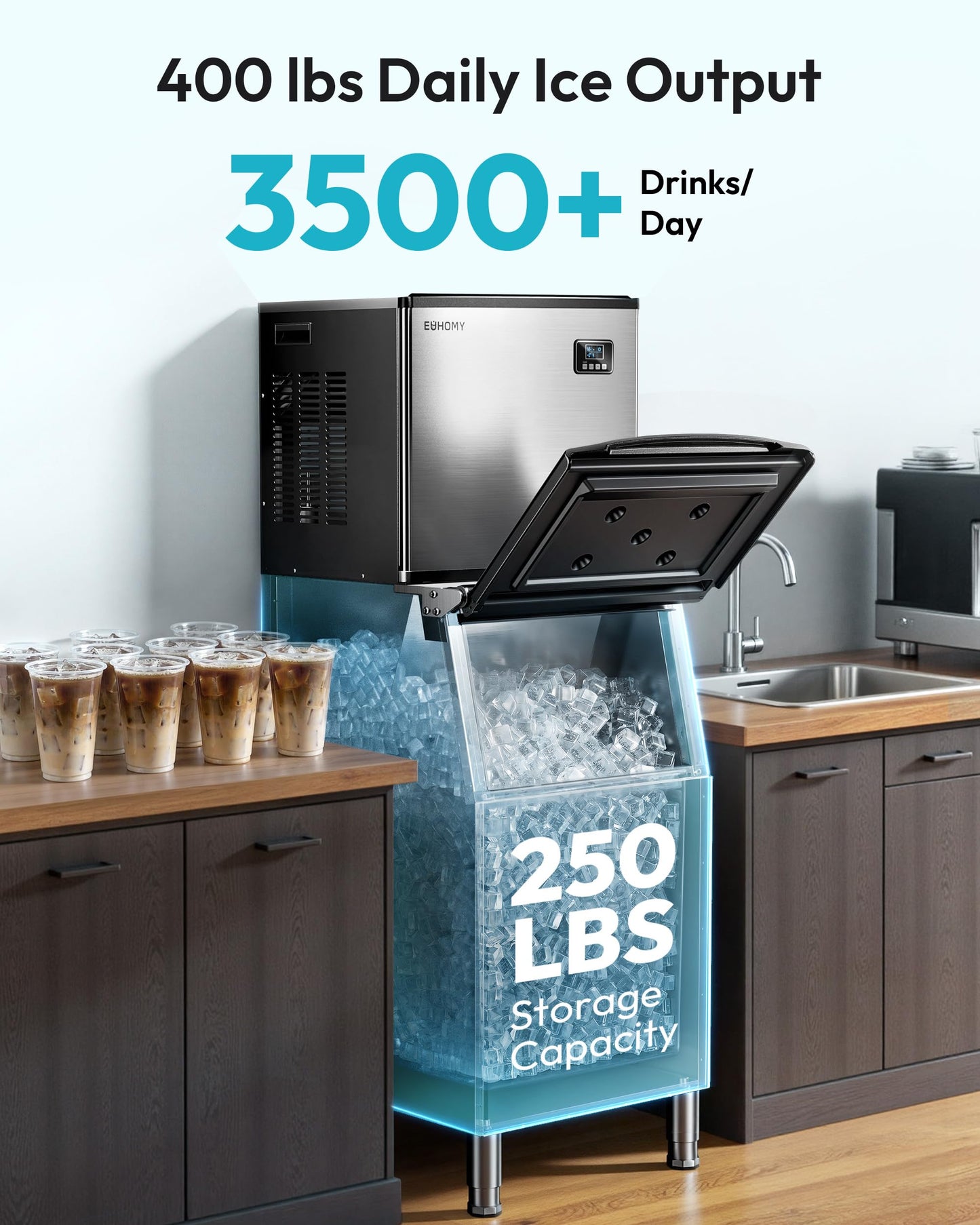 EUHOMY Commercial Ice Maker Machine 400Lbs/24H,ETL Approval, Industrial Ice Machine, 250Lbs Storage, Ice Ready in 11-20min, Stainless Steel Ice Maker for Bar/Cafe/Restaurant/Business