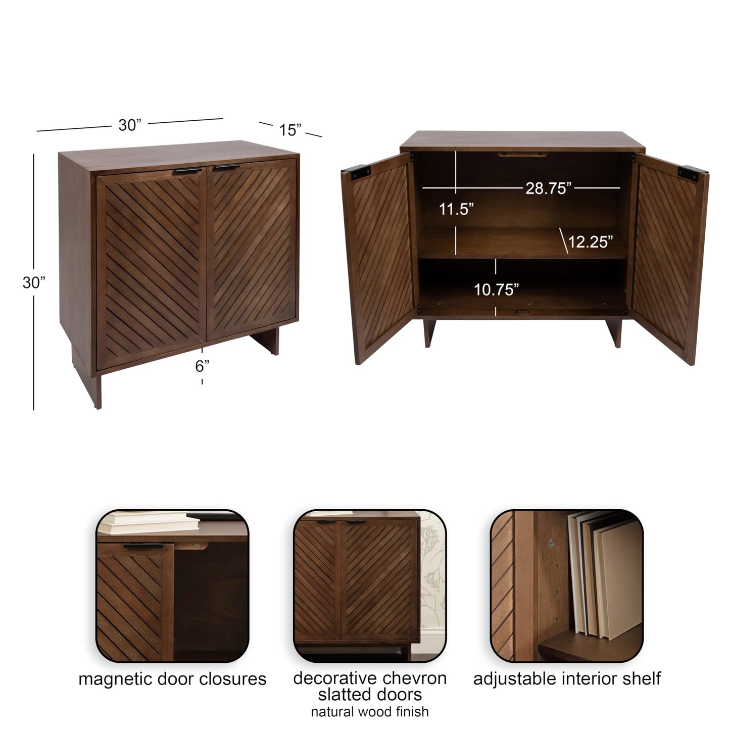 Kate and Laurel Mezzeta Modern Two-Door Chevron Slatted Wood Floor Storage Cabinet, 30 x 15 x 30, Natural Wood, Transitional Living Room TV Stand for Sideboard Buffet Cabinet or Bar Storage Buffet