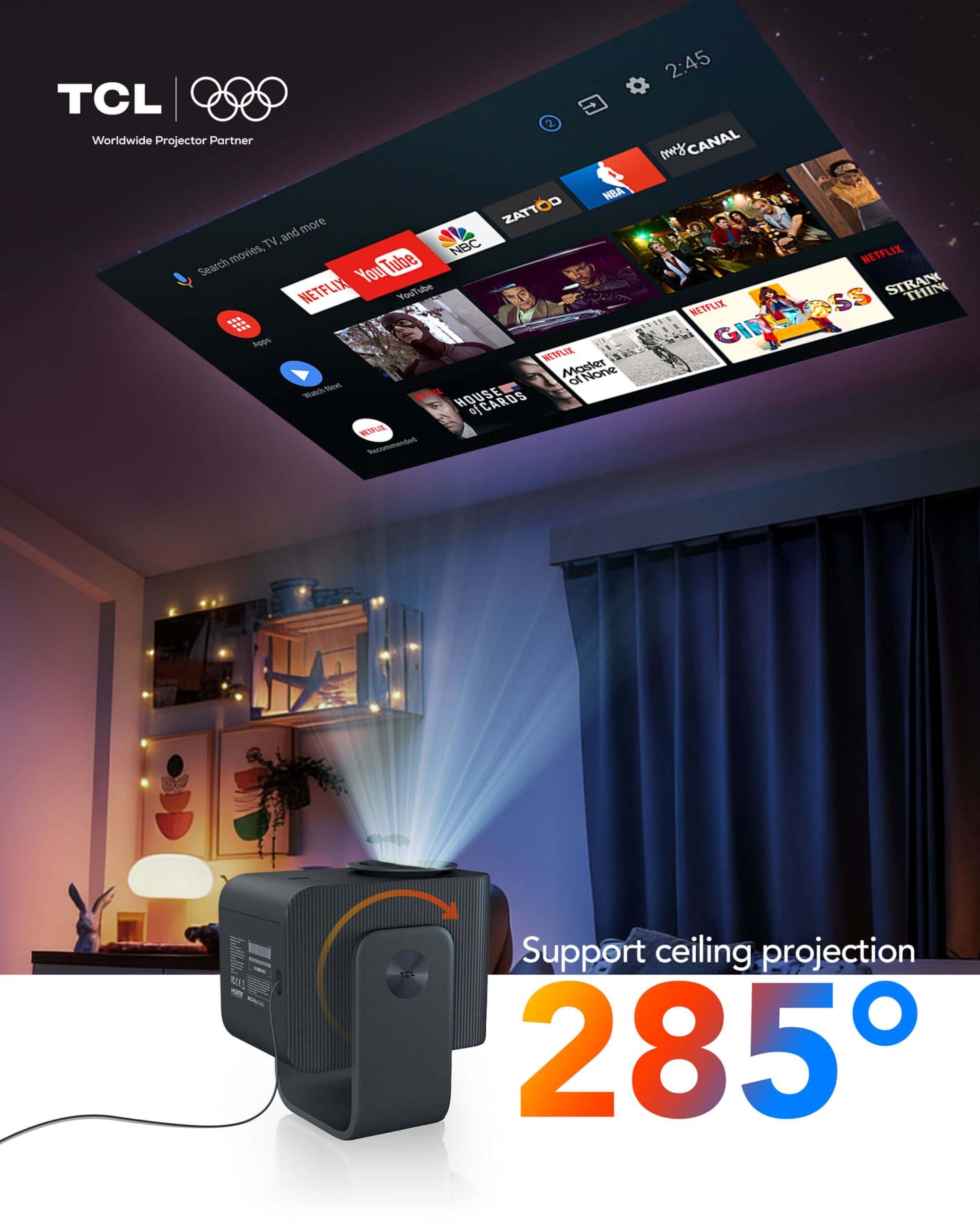 TCL C1 Smart Projector 4K Support, Compatible with Google TV, WiFi and Bluetooth, Auto Focus/Keystone, 1080P HDR10, Dolby Audio, 285° Rotation Mini LCD Projector for Bedroom/Home Theater/Outdoor,Black