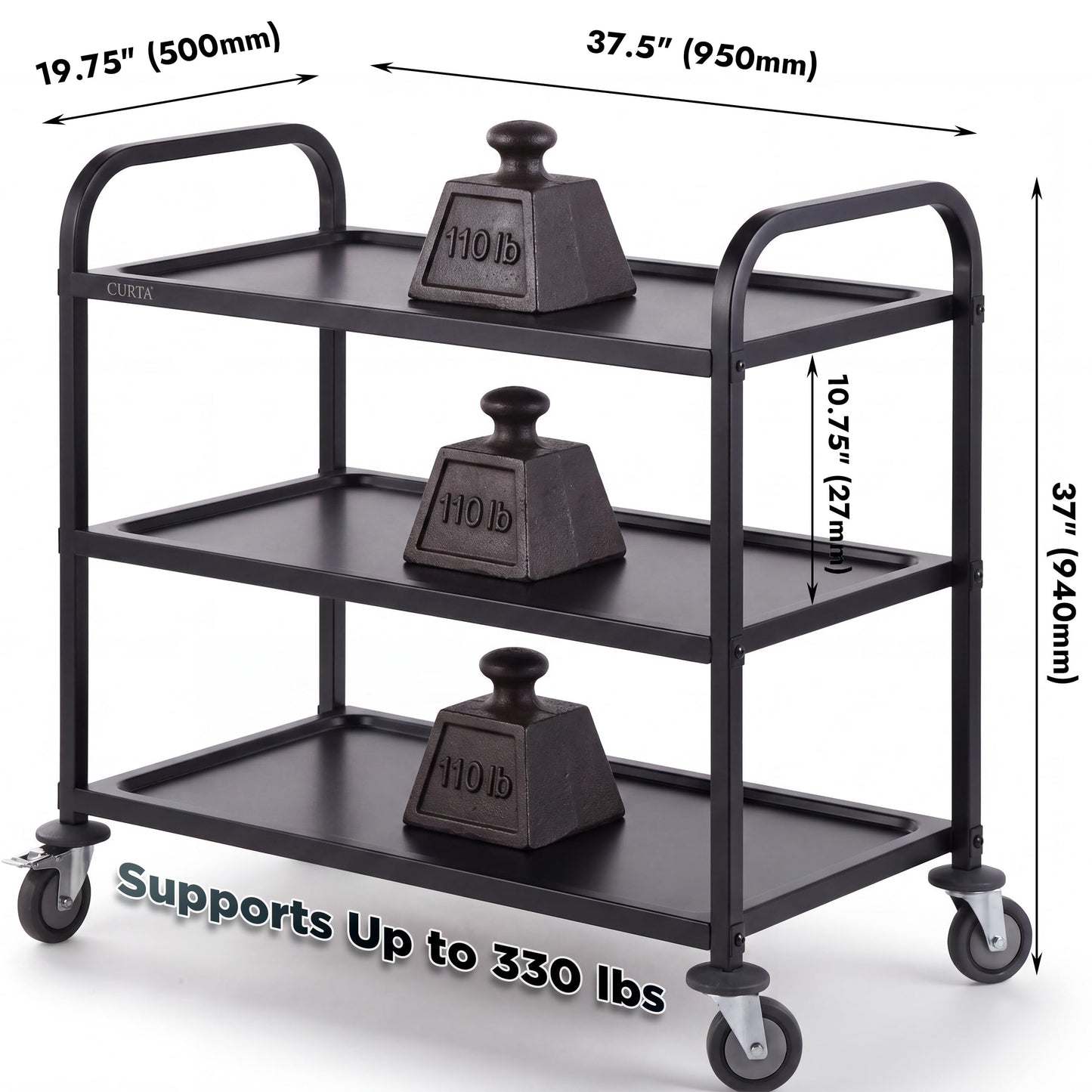 CURTA Black Stainless Steel Serving Cart, 3-Tier Rolling Utility Trolley (38"x20"x37"), Heavy Duty Painted Kitchen Cart on Wheels with Brakes, Commercial Grade for Restaurant, Hotel, Salon & Lab