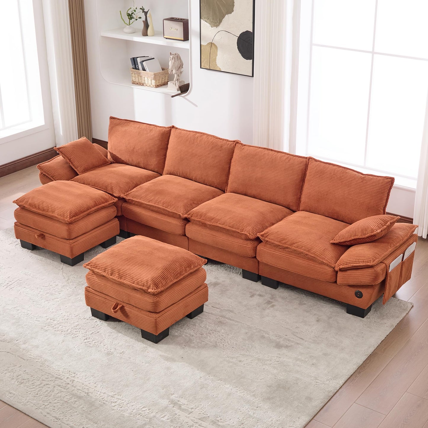 130" Oversized Modular Cloud Sectional Sofa Convertible U/L Shaped Couch Sets for Living Room - 6 Seater Corduroy Cloud Cushion Couches with Storage Ottomans and Pillow Armrest