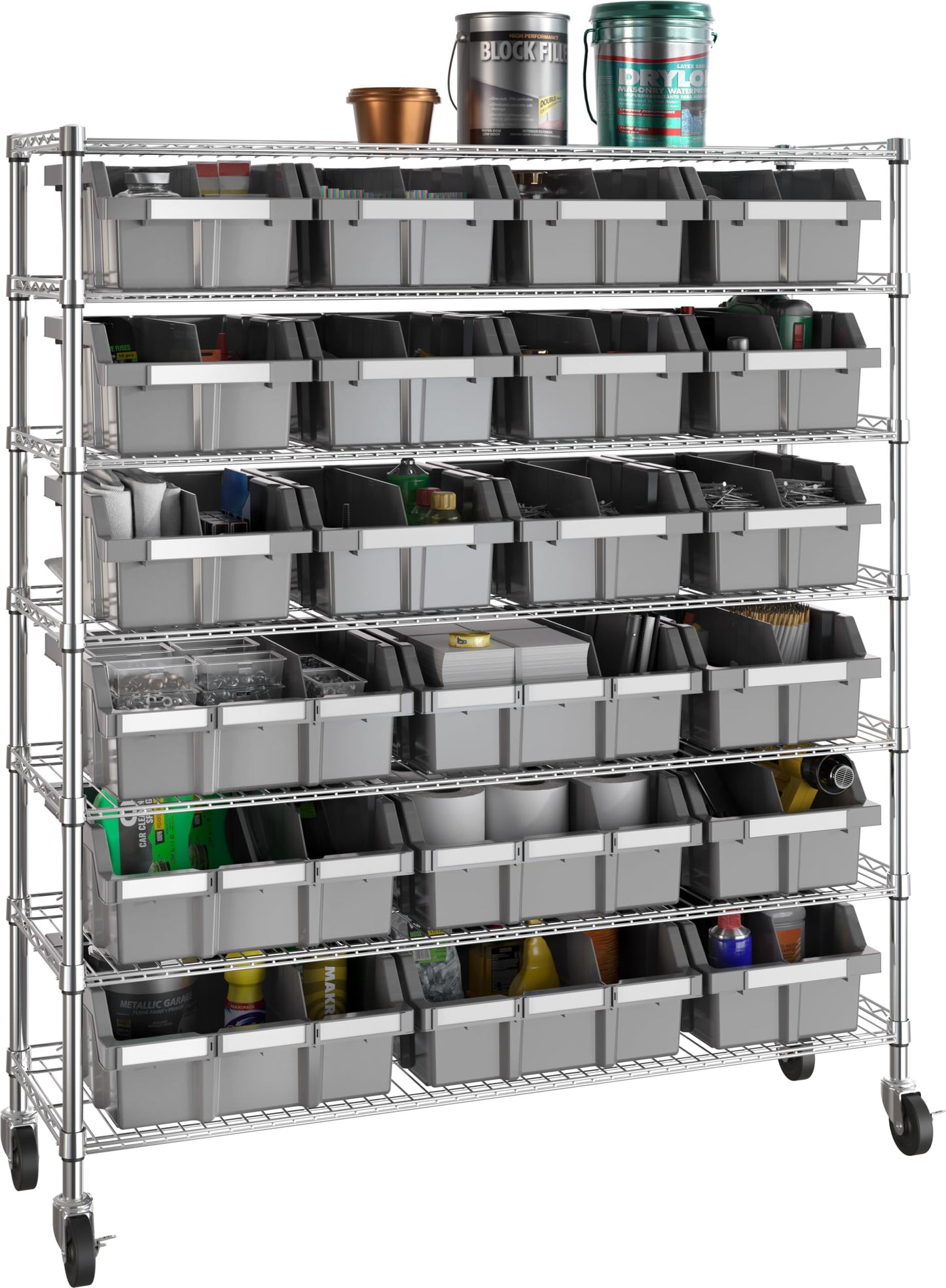 7-Tier NSF 21-Bin Steel Wire Shelving Rack, 48"W x 14"D x 56"H, Gray