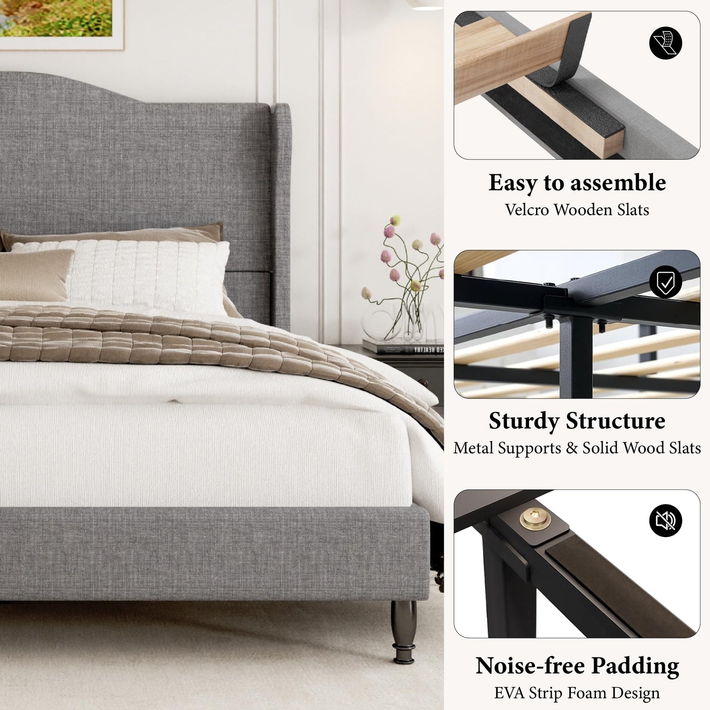 Feuorlwe Queen Size Upholstered Platform Bed Frame, Light Grey