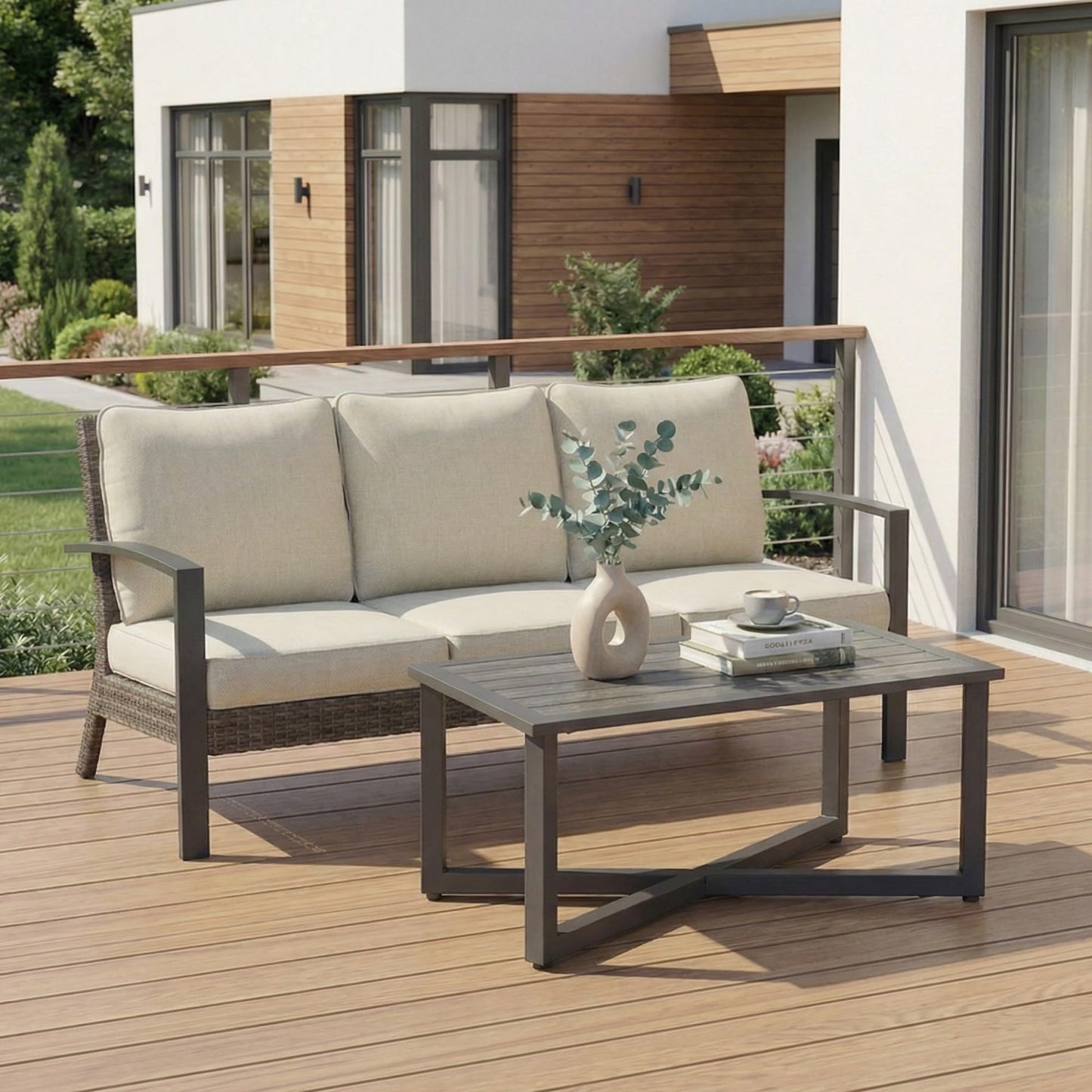 Green4ever Patio Sofa, 2 Pieces Patio Furniture Set with Coffee Table, Wicker Outdoor Furniture with Cushions, Outdoor Couch Set for Porch, Outside Couch for Pool, Deck, Garden, Backyard, Beige