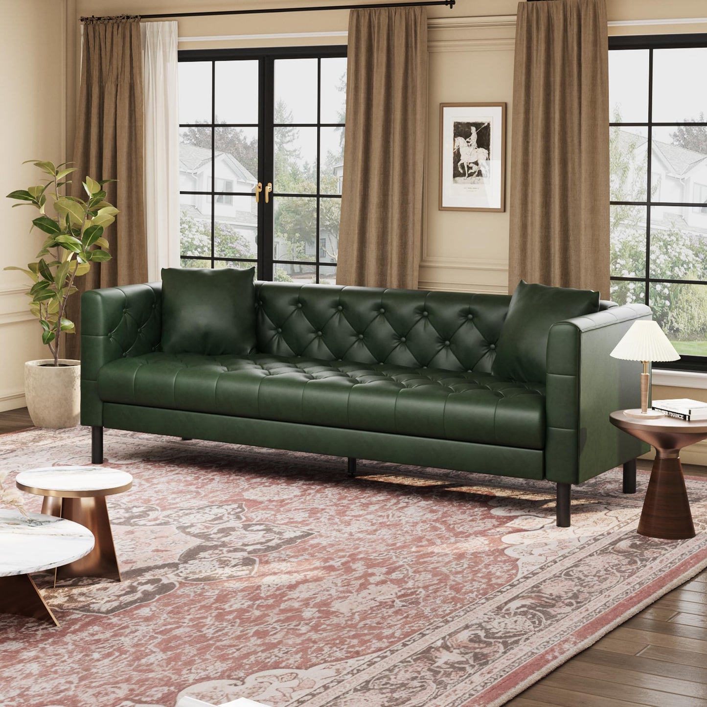 IDEALHOUSE Mid Century Modern Leather Sofa 81 inch, 3 Seater Chesterfield Couch with Deep Seats, Button Tufted Back, Faux Leather Living Room Sofa with 2 Pillows for Apartment Office, Green