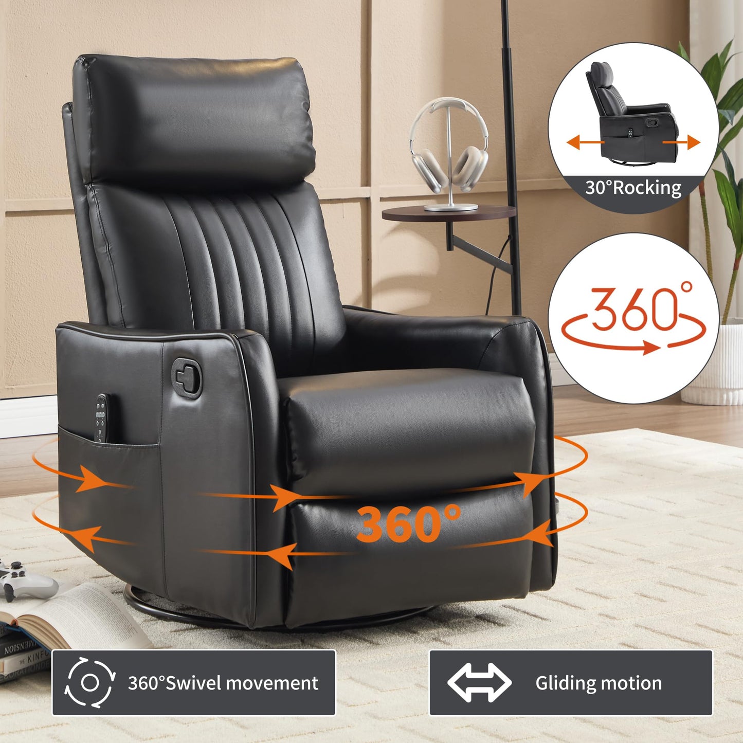 KEIKI 4-in-1 Manual Swivel Rocker Recliner Chair for Living Room, Faux Leather Nursery Glider Rocking Chairs with Back Massager & Heat, Tailored for Quiet Afternoon Tea Relaxation Moments, Black